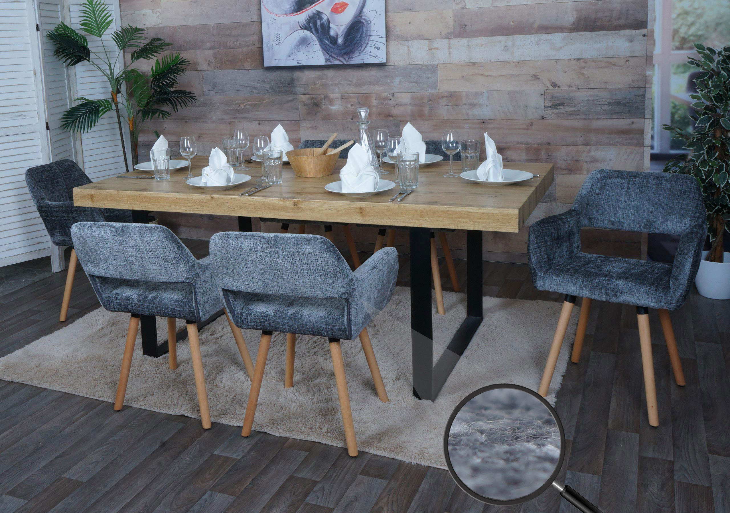 6er-Set Esszimmerstuhl MCW-A50 II, K&uuml;chenstuhl Polsterstuhl, Holz Stoff/Textil Chenille (465g/m&sup2;) MVG ~ dunkelgrau 