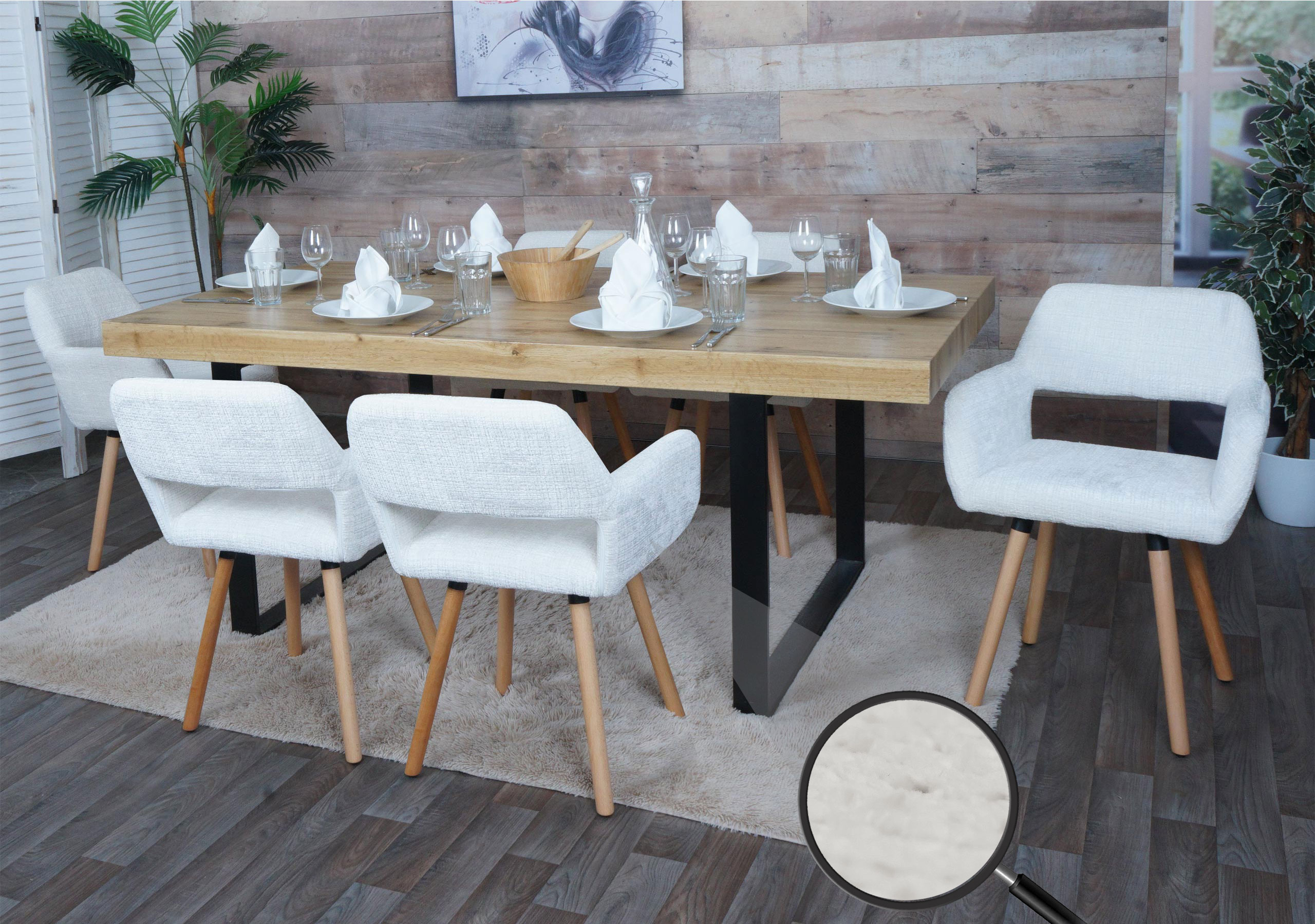 6er-Set Esszimmerstuhl MCW-A50 II, K&uuml;chenstuhl Polsterstuhl, Holz Stoff/Textil Chenille (465g/m&sup2;) MVG ~ creme 