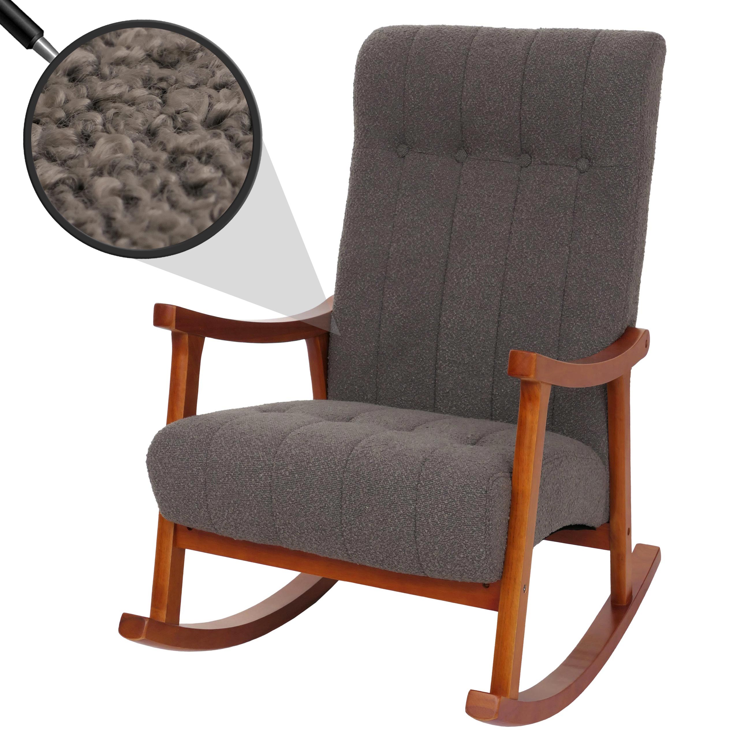 Schaukelstuhl MCW-K10, Relaxsessel, Holz MVG Stoff/Textil Boucl&eacute; (450g/m&sup2;) ~ dunkelgrau, Gestell Walnuss-Optik 