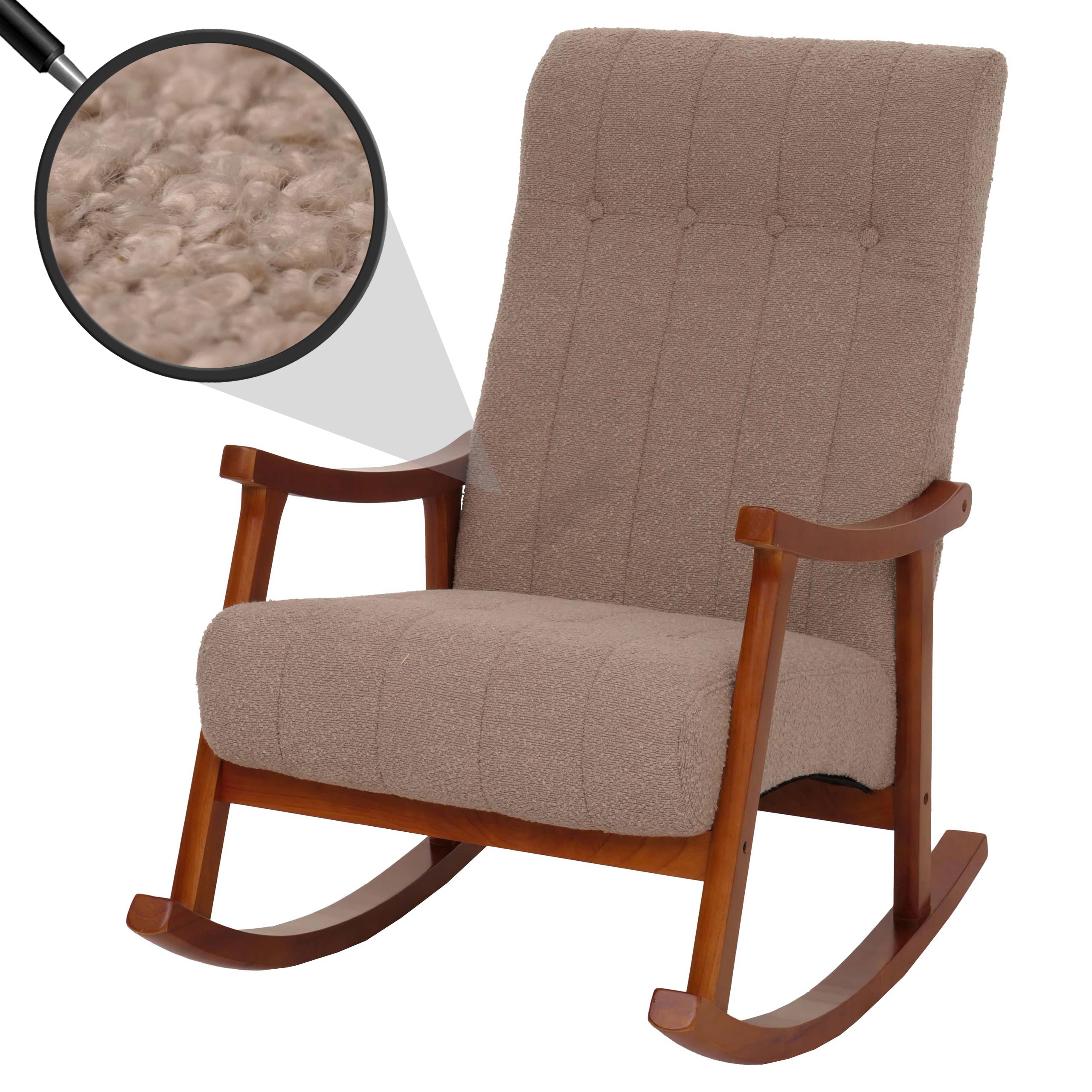 Schaukelstuhl MCW-K10, Relaxsessel, Holz MVG Stoff/Textil Boucl&eacute; (450g/m&sup2;) ~ taupe, Gestell Walnuss-Optik 