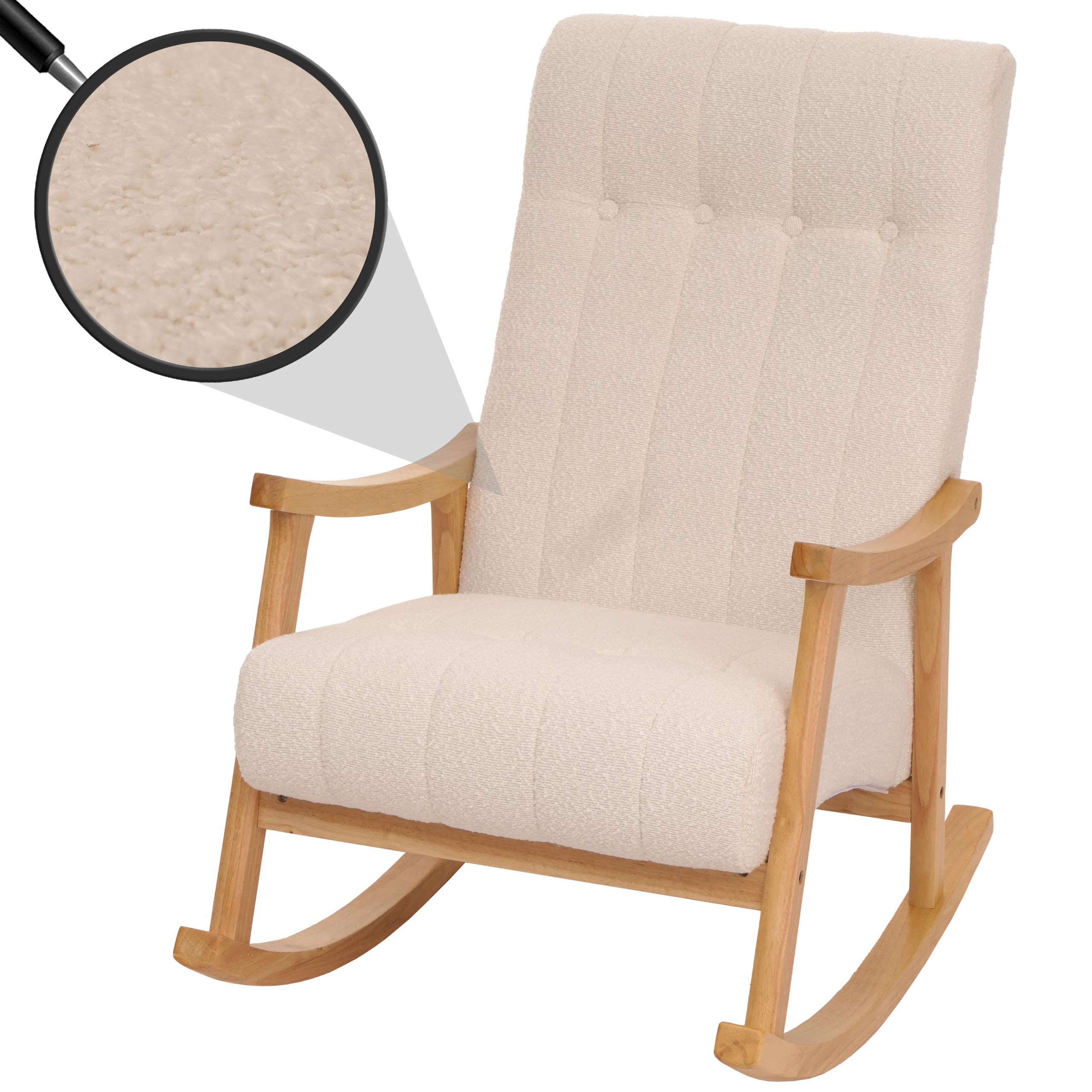 Schaukelstuhl MCW-K10, Relaxsessel, Holz MVG Stoff/Textil Boucl&eacute; (450g/m&sup2;) ~ creme, Gestell natur 
