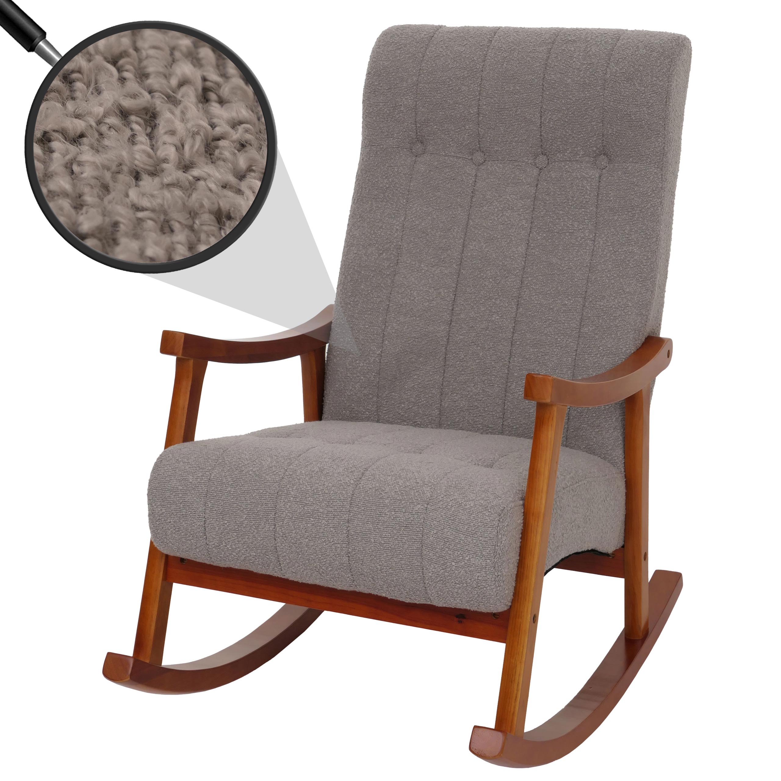 Schaukelstuhl MCW-K10, Relaxsessel, Holz MVG Stoff/Textil Boucl&eacute; (450g/m&sup2;) ~ grau, Gestell Walnuss-Optik 
