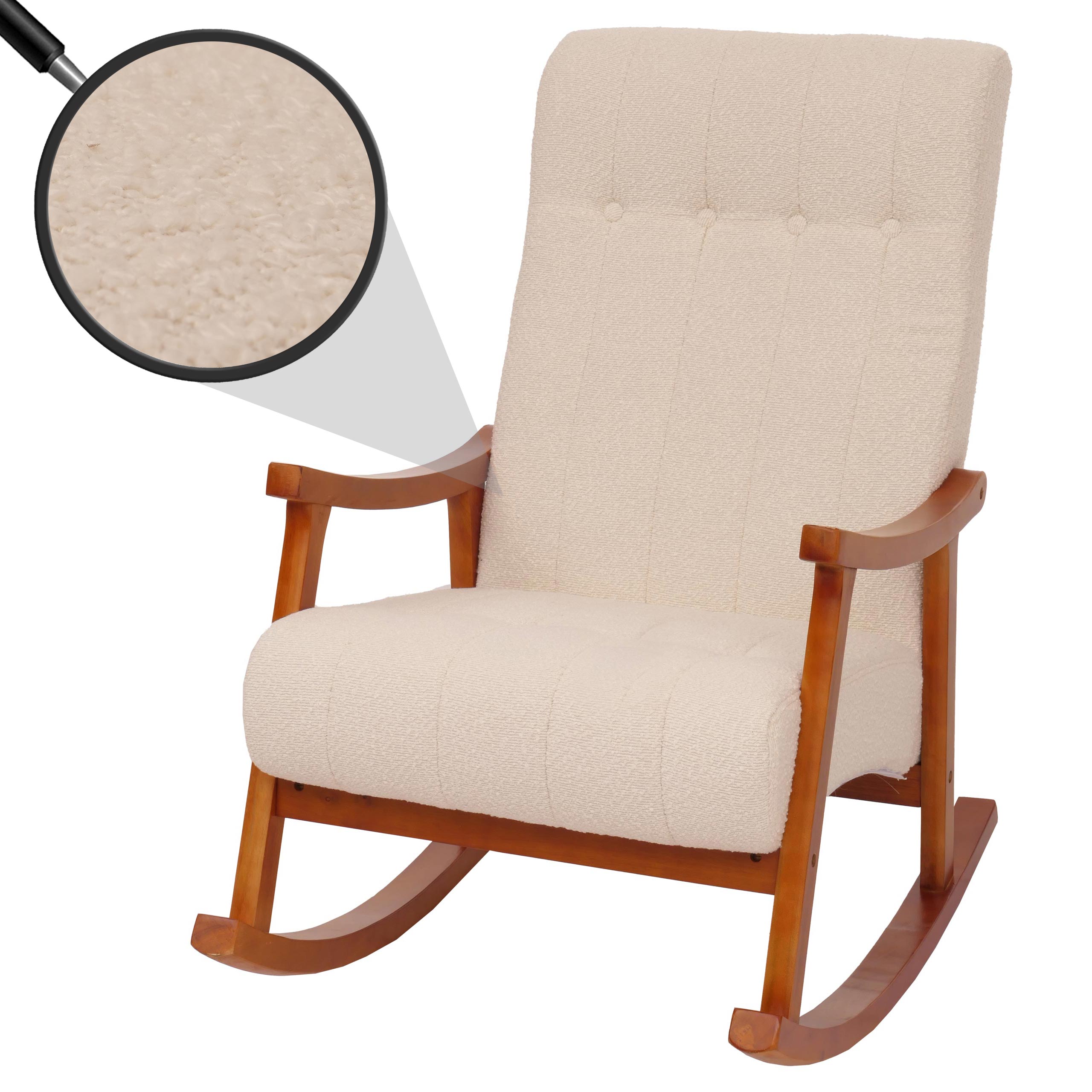 Schaukelstuhl MCW-K10, Relaxsessel, Holz MVG Stoff/Textil Boucl&eacute; (450g/m&sup2;) ~ creme, Gestell Walnuss-Optik 