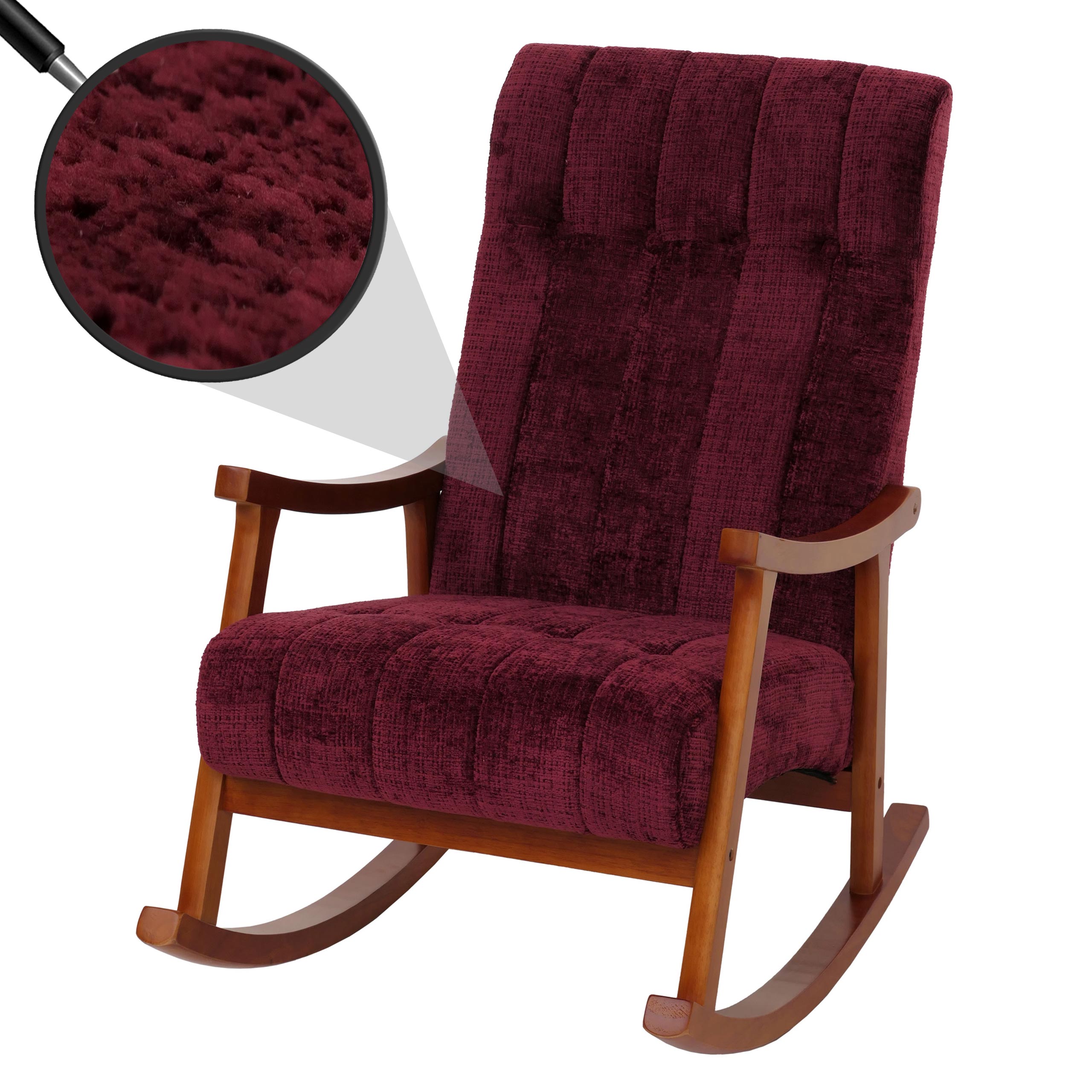 Schaukelstuhl MCW-K10, Relaxsessel, Holz MVG Stoff/Textil Chenille (465g/m&sup2;) ~ bordeaux, Gestell Walnuss-Optik 