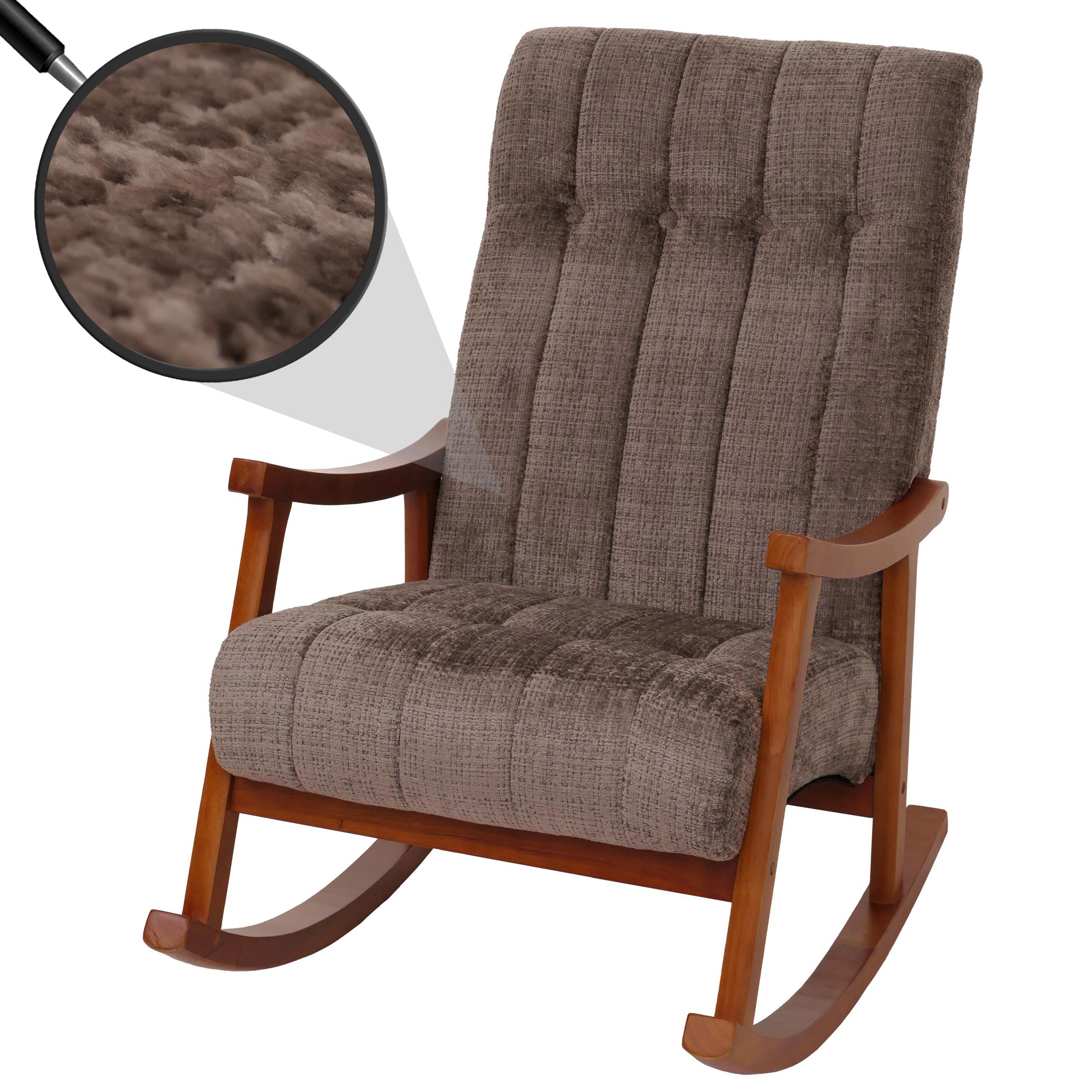 Schaukelstuhl MCW-K10, Relaxsessel, Holz MVG Stoff/Textil Chenille (465g/m&sup2;) ~ braun, Gestell Walnuss-Optik 