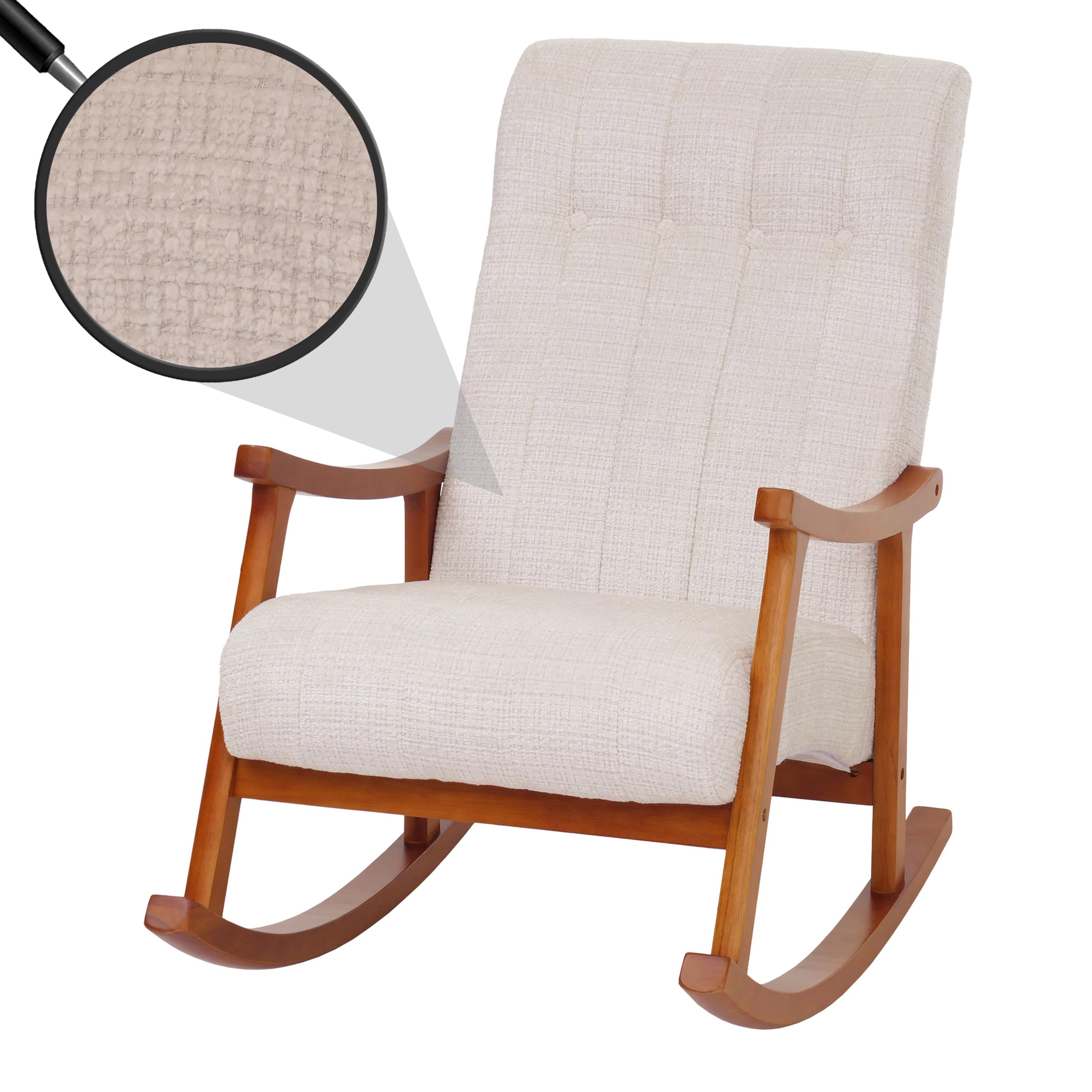 Schaukelstuhl MCW-K10, Relaxsessel, Holz MVG Stoff/Textil Chenille (465g/m&sup2;) ~ creme, Gestell Walnuss-Optik 