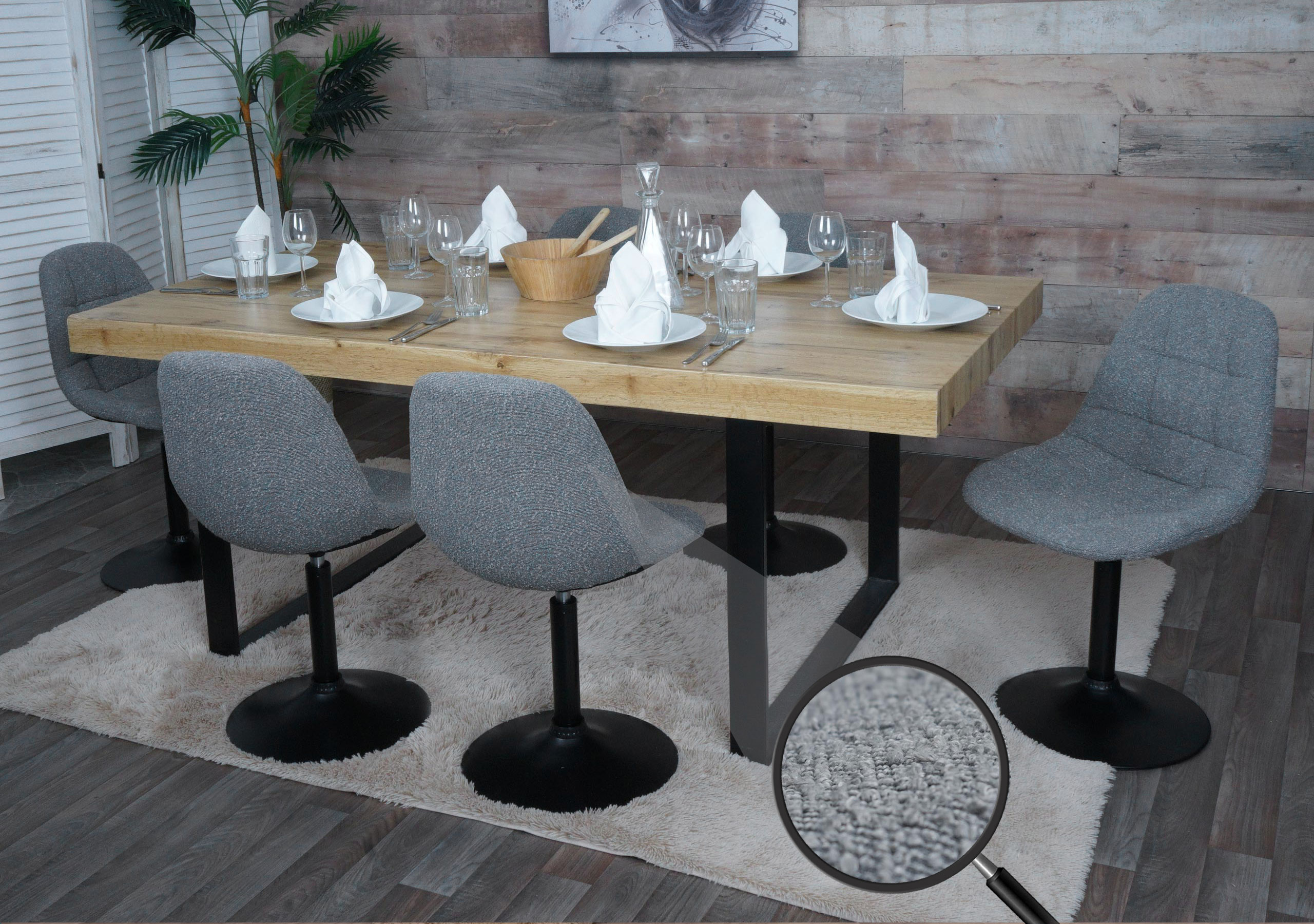 6er-Set Esszimmerstuhl MCW-A60, K&uuml;chenstuhl Stuhl Drehstuhl, Stahl MVG Stoff/Textil Boucl&eacute; (450g/m&sup2;) ~ dunkelgrau 