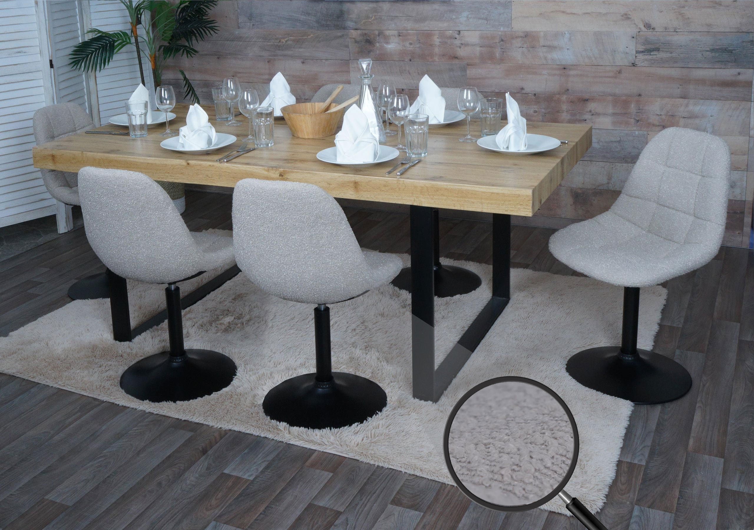 6er-Set Esszimmerstuhl MCW-A60, K&uuml;chenstuhl Stuhl Drehstuhl, Stahl MVG Stoff/Textil Boucl&eacute; (450g/m&sup2;) ~ taupe 