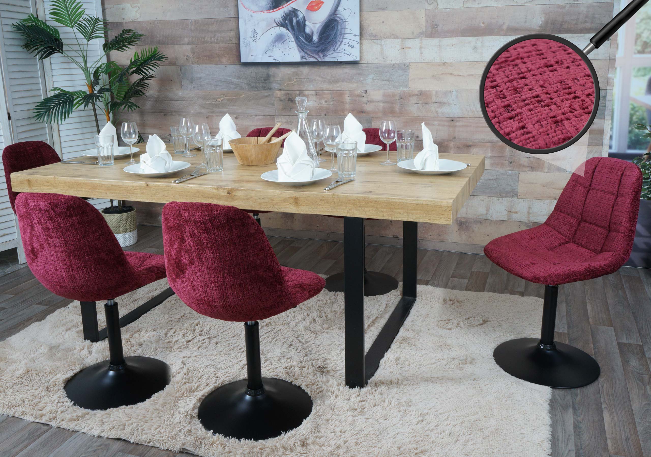 6er-Set Esszimmerstuhl MCW-A60, K&uuml;chenstuhl Stuhl Drehstuhl, Stahl MVG Stoff/Textil Chenille (465g/m&sup2;) ~ bordeaux 