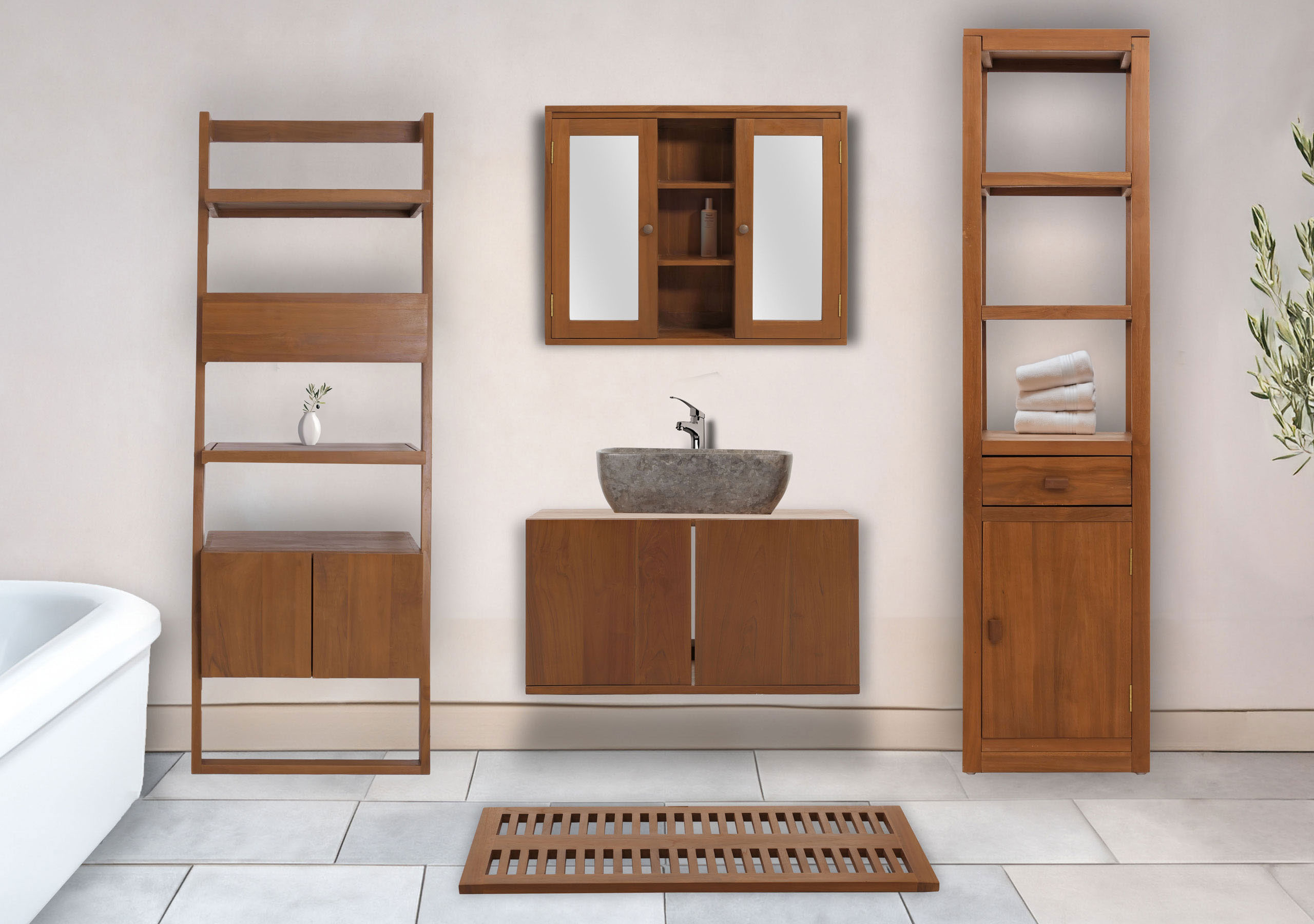 Teak-Badezimmer-Set MCW-M86, Waschtisch Regal Leiterregal Wandspiegel Badematte, hochwertiges B-Grade-Teak 