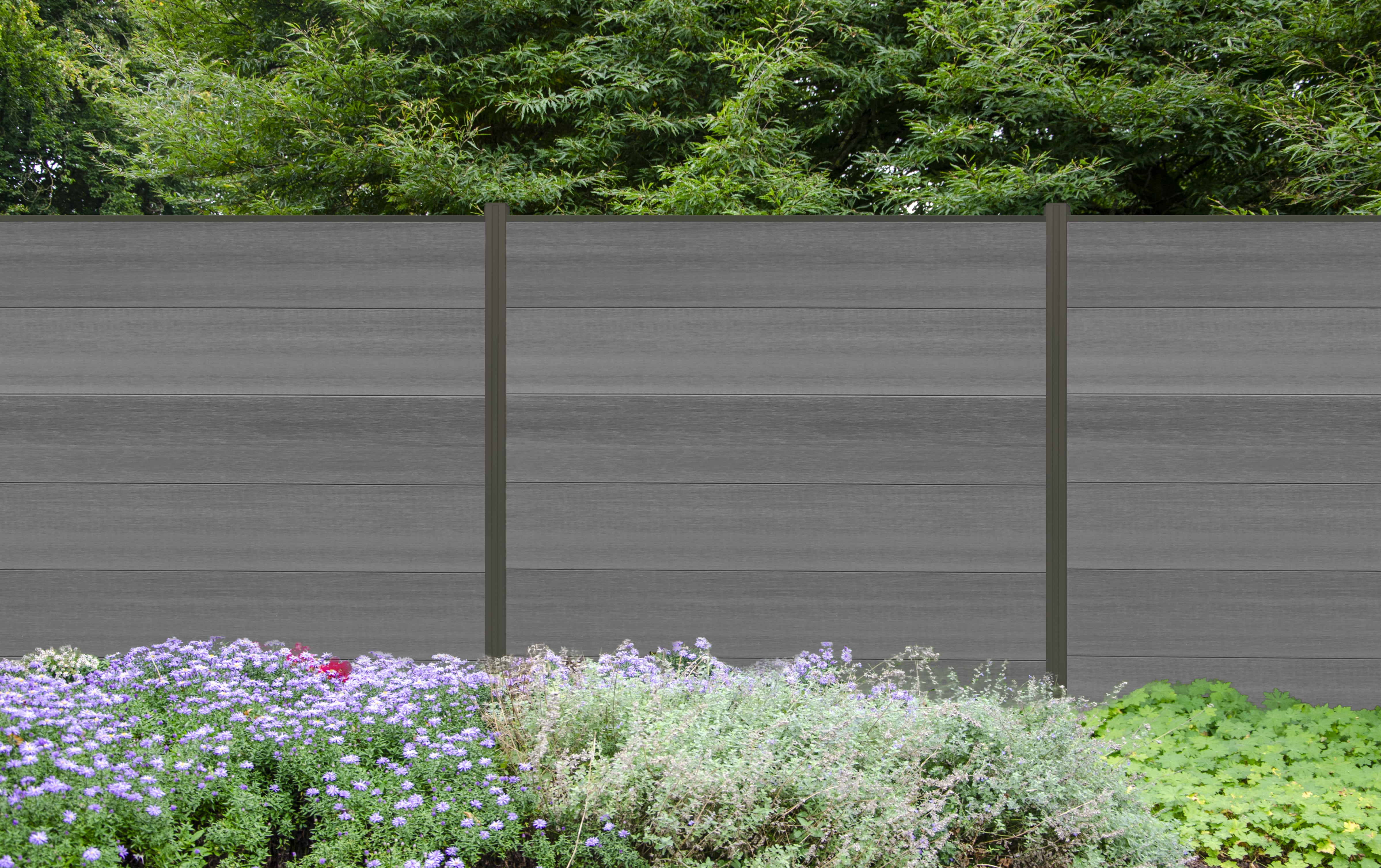 WPC Sichtschutzzaun Cora Line 3 x Zaunfeld grau und 4 x Alu-Pfosten anthrazit zum Aufschrauben 
