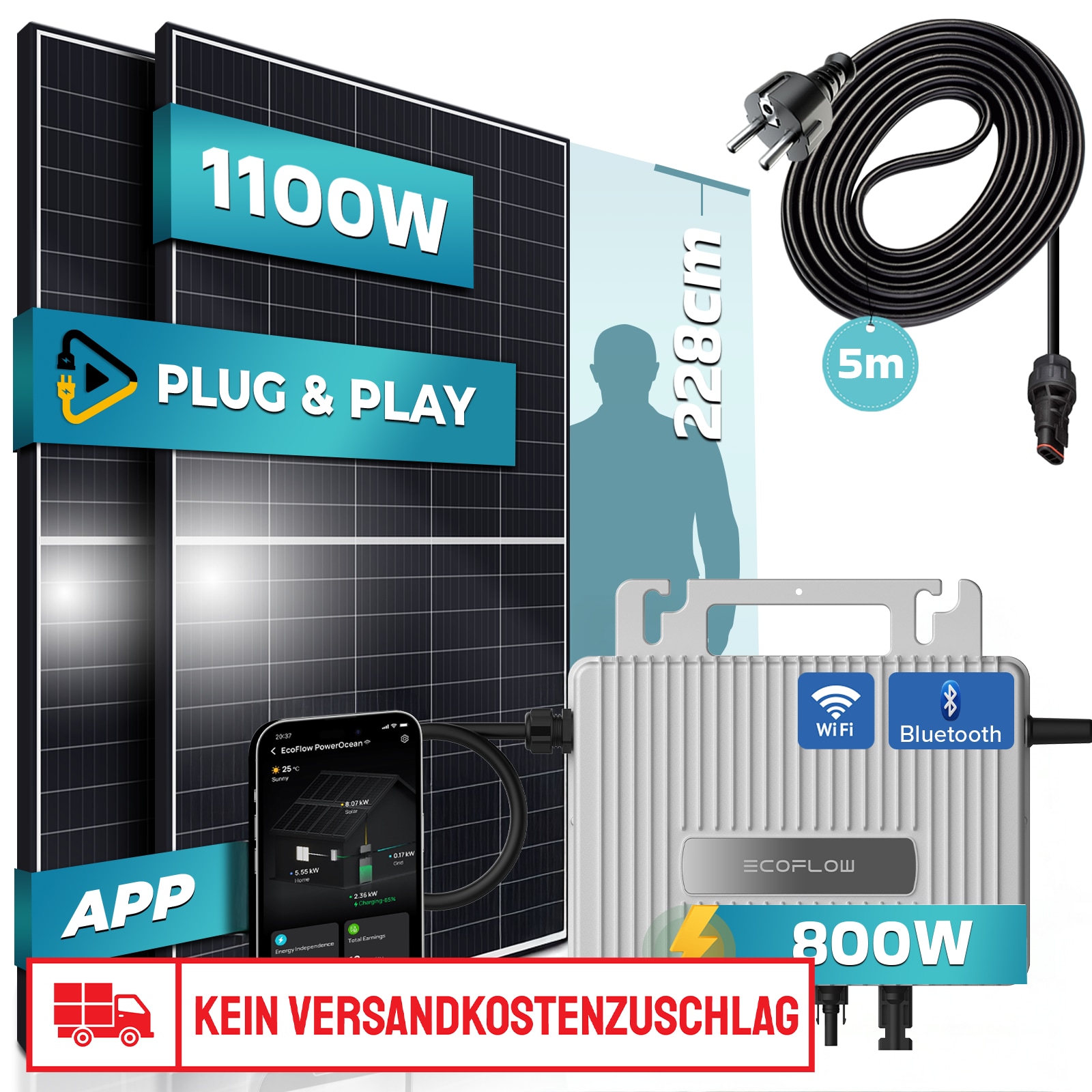 SUNNIVA&reg; Balkonkraftwerk 1100W/800W Solaranlage, 800W Ecoflow Stream Micro Wechselrichter mit Wifi & Bluetooth, upgradebar & drosselbar, 2x 550W Solarmodule (1100W), 5m Kabel, Photovoltaikanlage PV 
