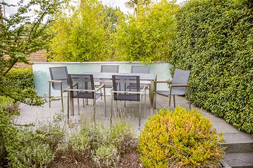 Gartenm&ouml;bel-Set, 7-teilig, Edelstahl, Stapelsessel, Glas-Keramik-Tischplatte, Teakholz, grau, f&uuml;r 6 Personen 