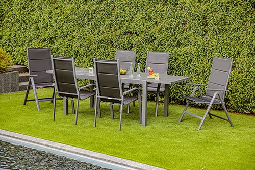 Gartenm&ouml;bel-Set Grenada 3, 7-teilig, Ausziehtisch, Klappsessel, Stapelst&uuml;hle, Textilene, Glas-Keramik-Tischplatte, anthrazit, f&uuml;r 6 Personen 