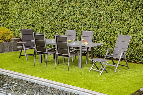 Gartenm&ouml;bel-Set Grenada 4, 9-teilig, Ausziehtisch, Klappsessel, Stapelst&uuml;hle, Klapphocker, Textilene, Glas-Keramik-Tischplatte, anthrazit, f&uuml;r 8 Personen 