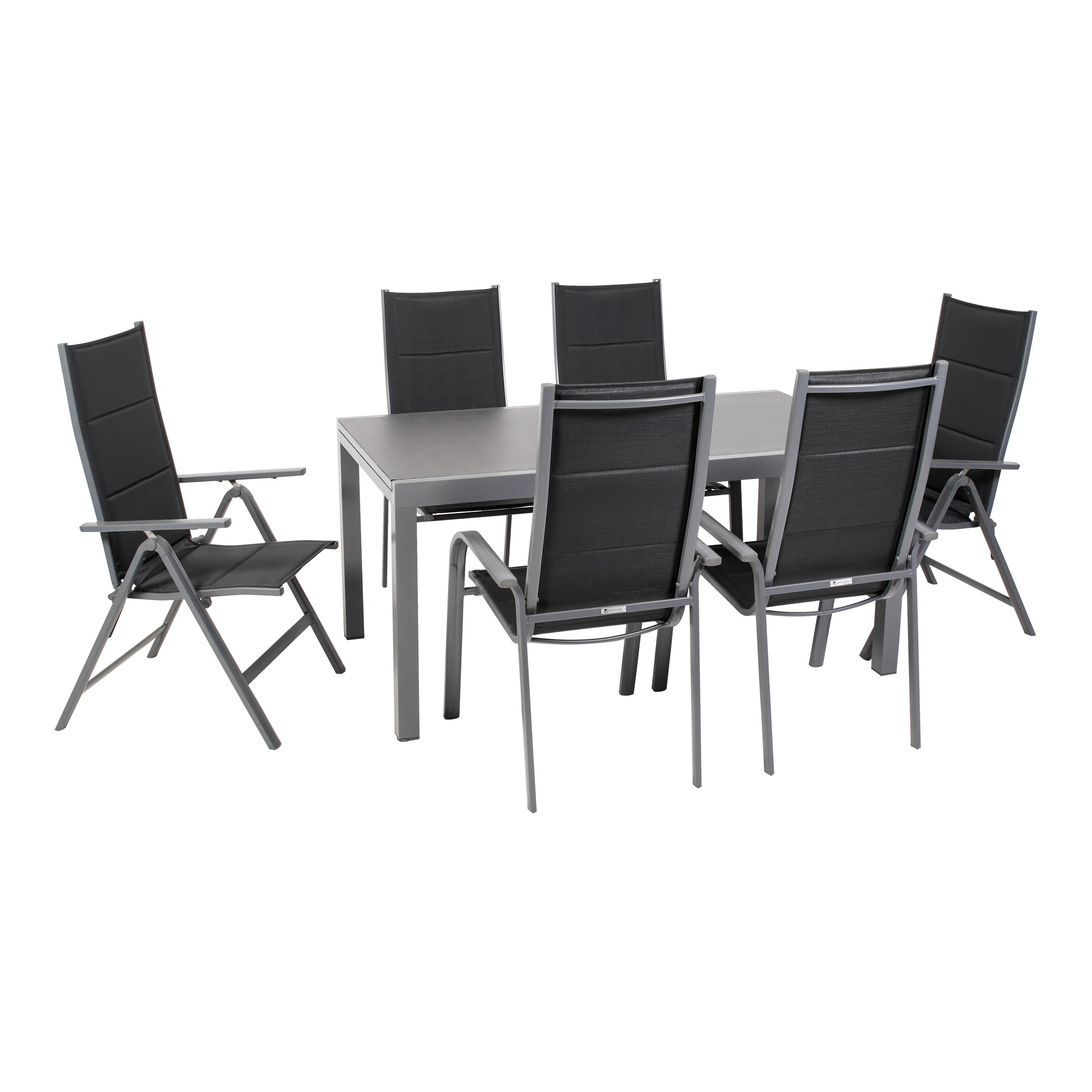Gartenm&ouml;bel-Set Grenada 6, 7-teilig, rechteckiger Tisch, Klappsessel, Stapelst&uuml;hle, Aluminium, Textilene, schwarz, Glas-Tischplatte, f&uuml;r Garten, Terrasse, Wintergarten 