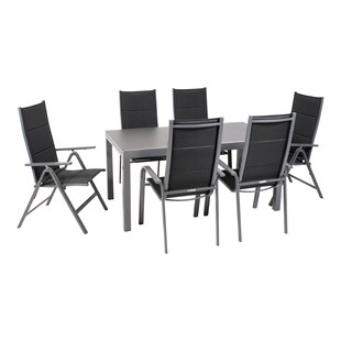 Gartenmöbel-Set Grenada 6, 7-teilig, rechteckiger Tisch, Klappsessel, Stapelstühle, Aluminium, Textilene, schwarz, Glas-Tischplatte, für Garten, Terrasse, Wintergarten 