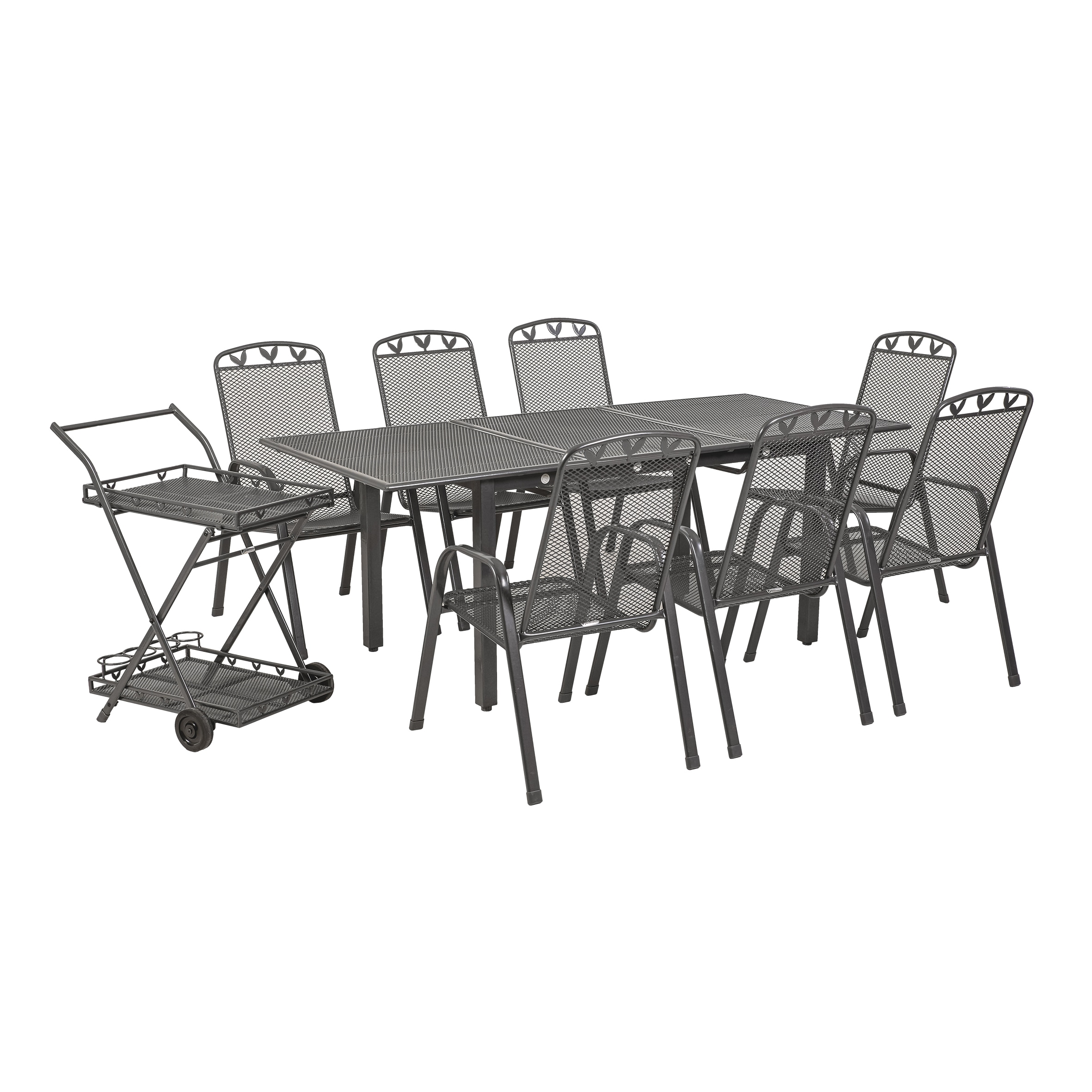Gartentischgruppe Toulouse, 9-teilig, ausziehbar, stapelbar, Servierwagen, Eisenstahl, Kunststoffummantelung, Streckmetall-Design, eisengrau, mit Blatt-Applikationen 