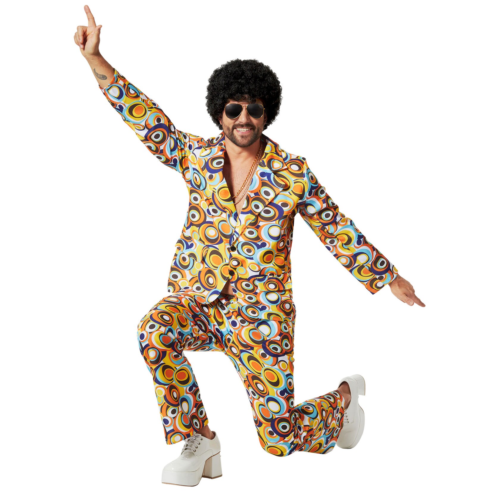tectake® Herrenkostüm 70er Jahre Disco Retro-Kreis-Muster