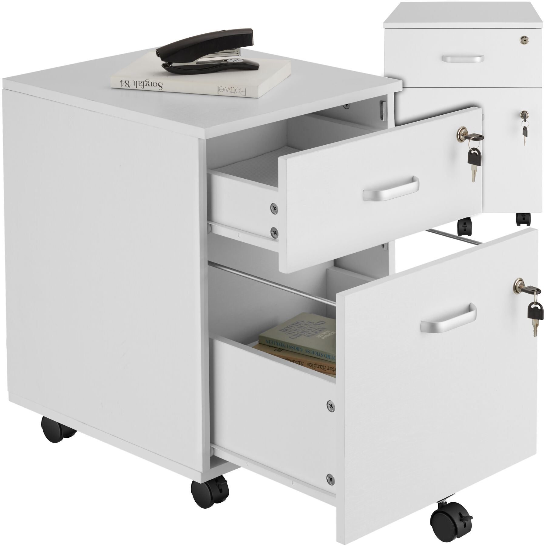 tectake&reg; Rollcontainer, mit 2 Schubladen f&uuml;r Dokumente im A4 Format, 5 voll drehbare Rollen mit Feststellbremse, 40 x 44 x 54,5 cm 