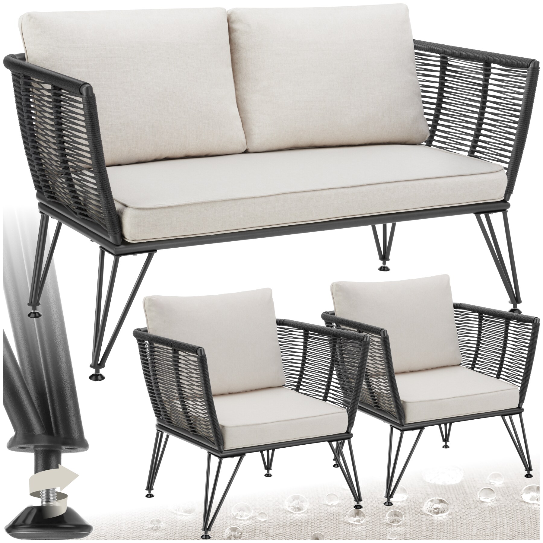 tectake&reg; Garten-Loungeset, Polyrattan im Rope-Design, abnehmbare Polyesterbez&uuml;ge, h&ouml;henverstellbare F&uuml;&szlig;e 