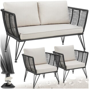 tectake® Garten-Loungeset, Polyrattan im Rope-Design, abnehmbare Polyesterbezüge, höhenverstellbare Füße 