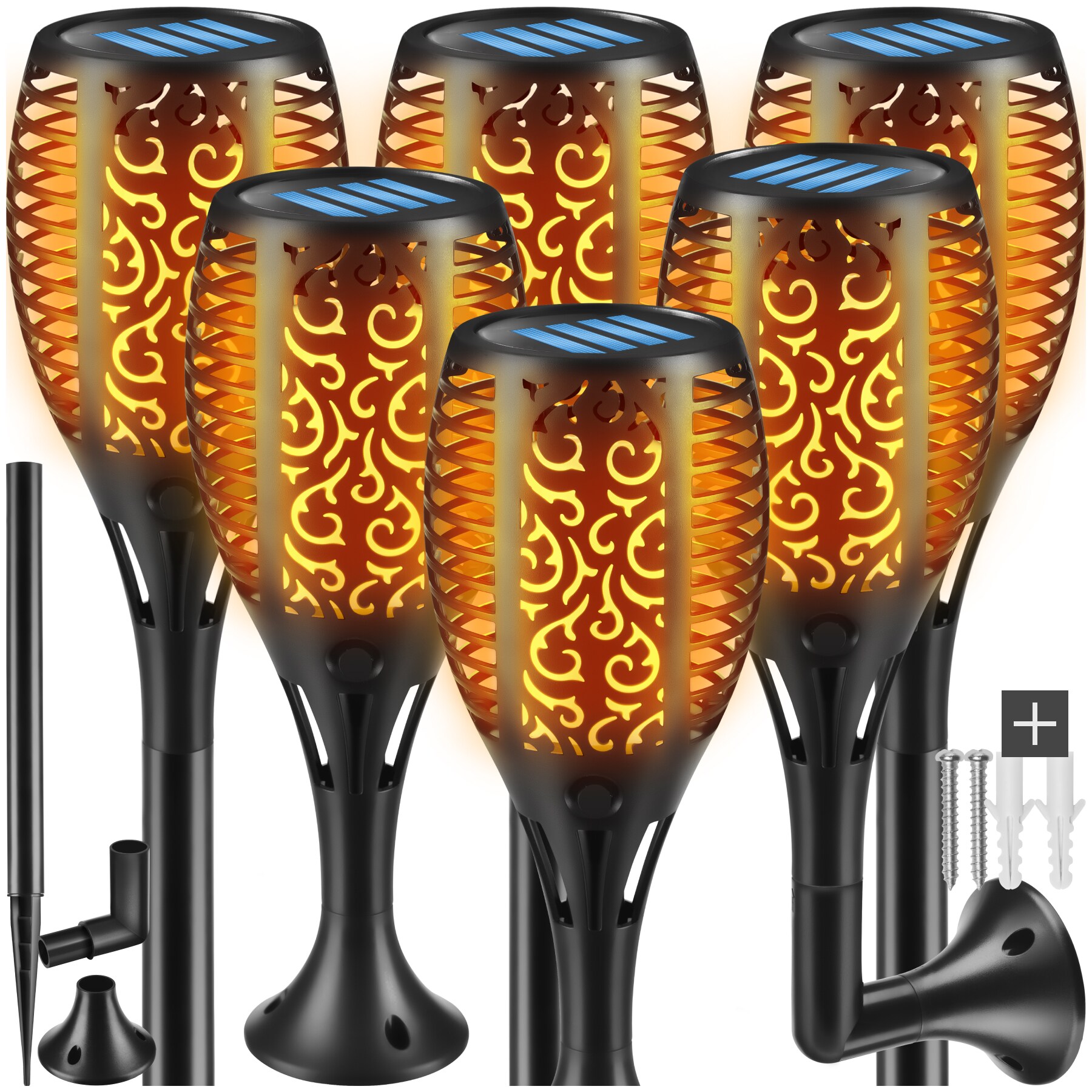 tectake&reg; 6er Set Solarleuchten, LED, Flammendesign, inkl. Erdspie&szlig;, Boden- und Wandhalterung, 6 - 8 Stunden Betriebszeit 