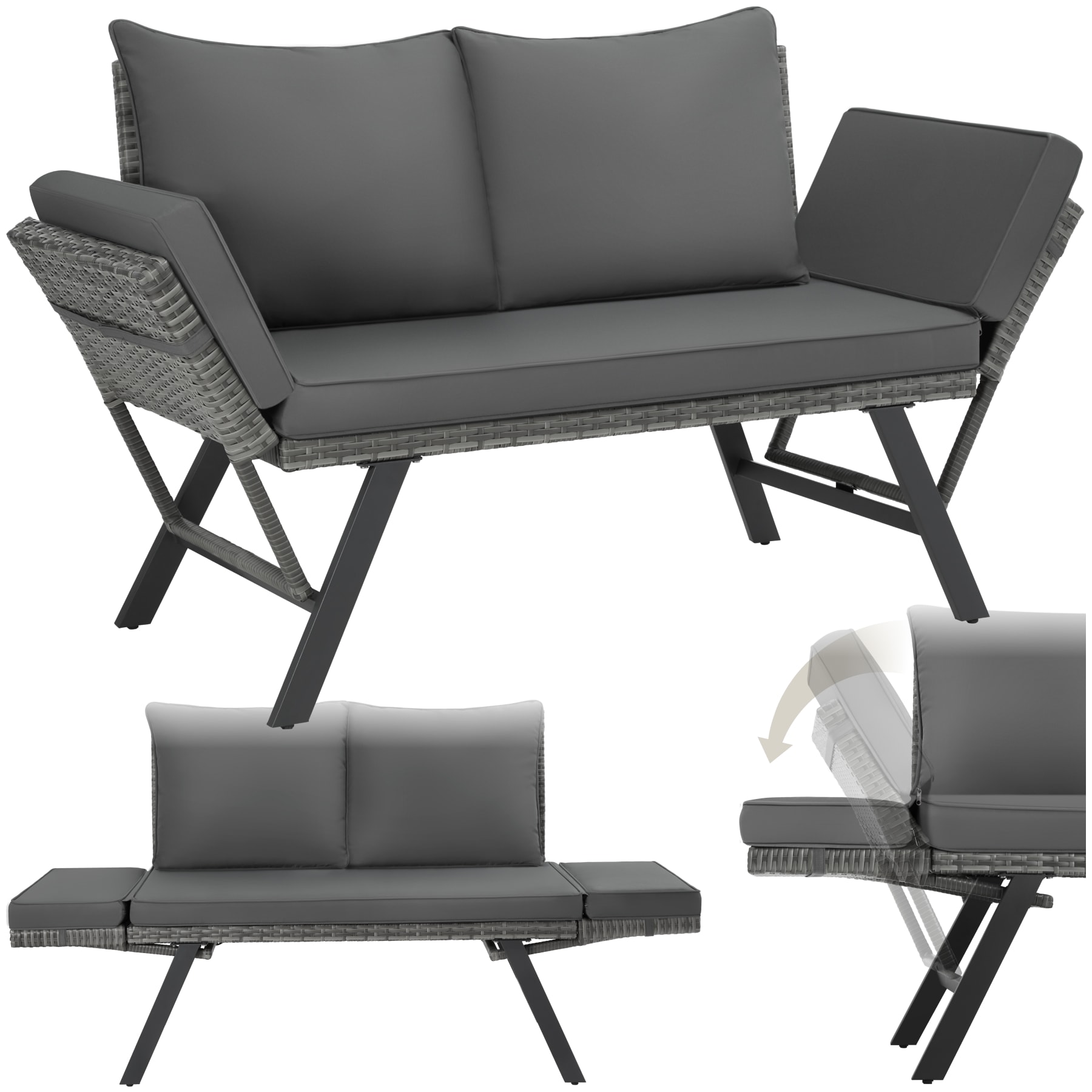 tectake&reg; Rattan-Loungesofa, 2in1 Funktion, Dicke des Sitzpolsters 7 cm, abnehmbare Polyesterbez&uuml;ge, 157 x 61 x 89 cm 