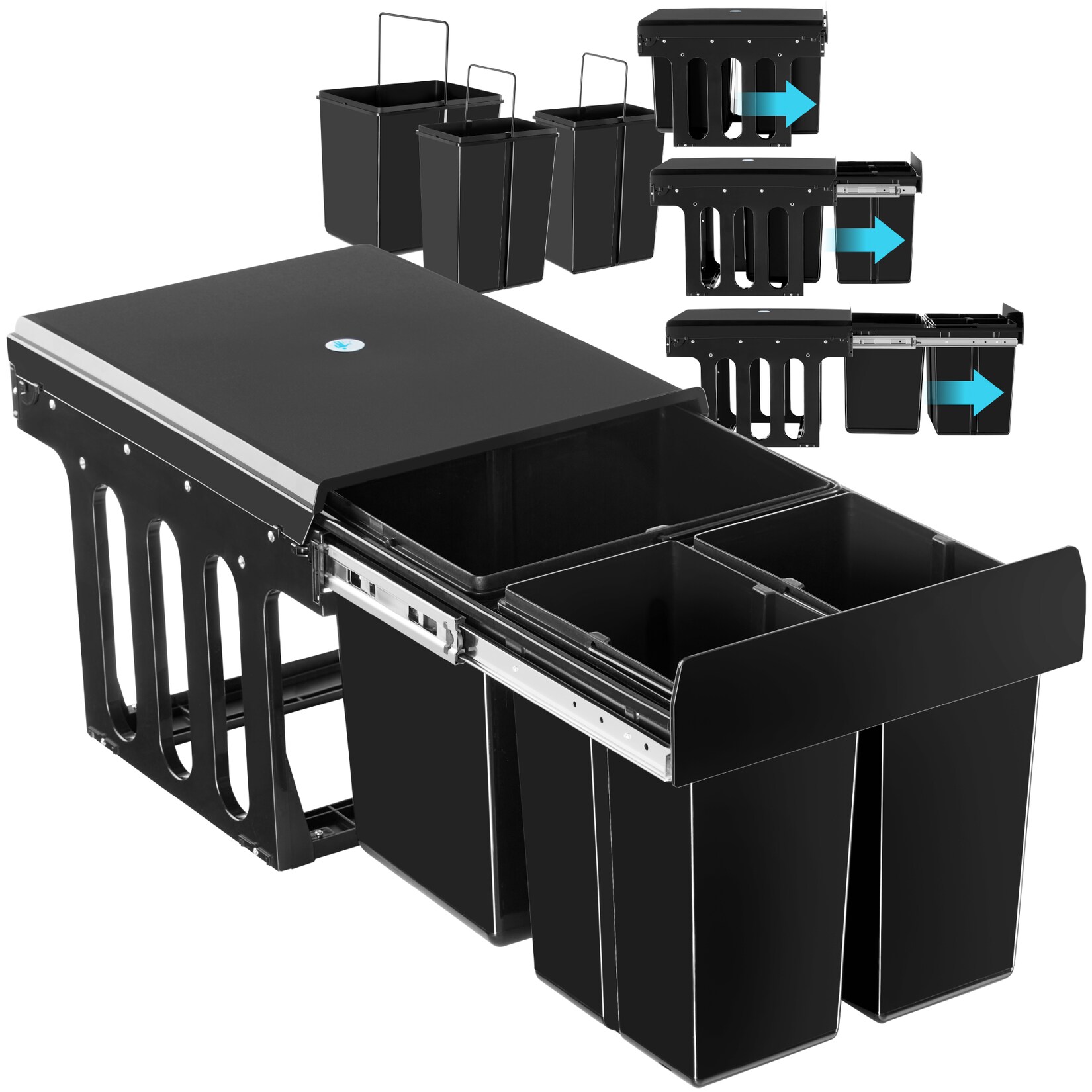 tectake® Abfallsammler, 3-fach Mülltrennung, 2x und 1x15L, für Schränke ab 40 cm Breite, 35 x 48 x 35 cm