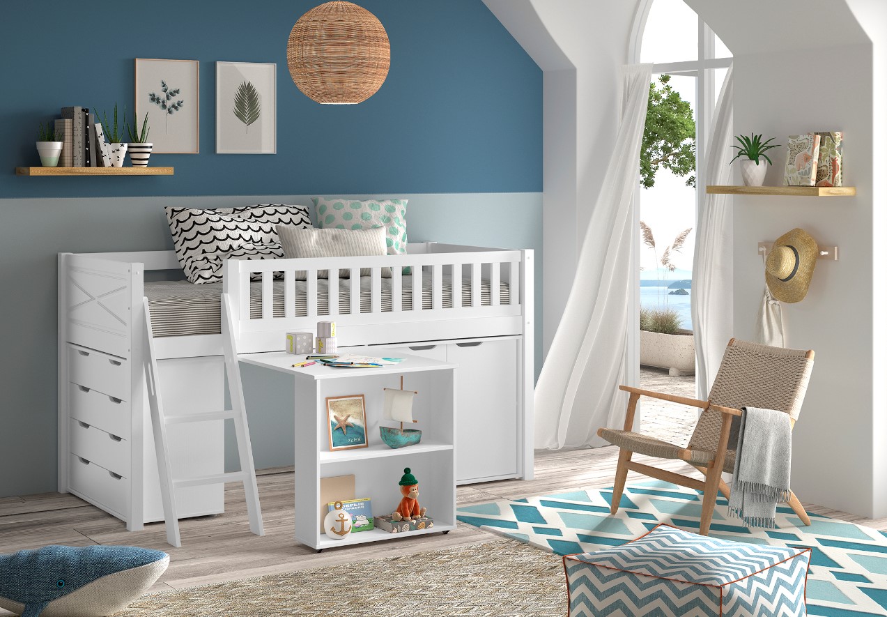 SCOTT Hochbett, LF 90 x 200 cm, mit Schreibtisch, versch. Ausf&uuml;hrungen - Schubladenkommode und Kommode 2-trg. 