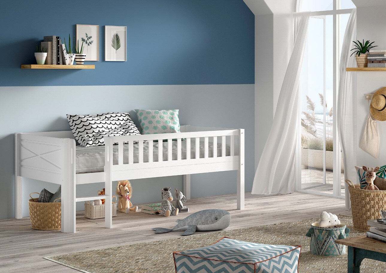 SCOTT Kojen-Spielbett 90 x 200 cm, inkl. Leiter und Rolllattenrost, Kiefer massiv wei&szlig; lackiert 