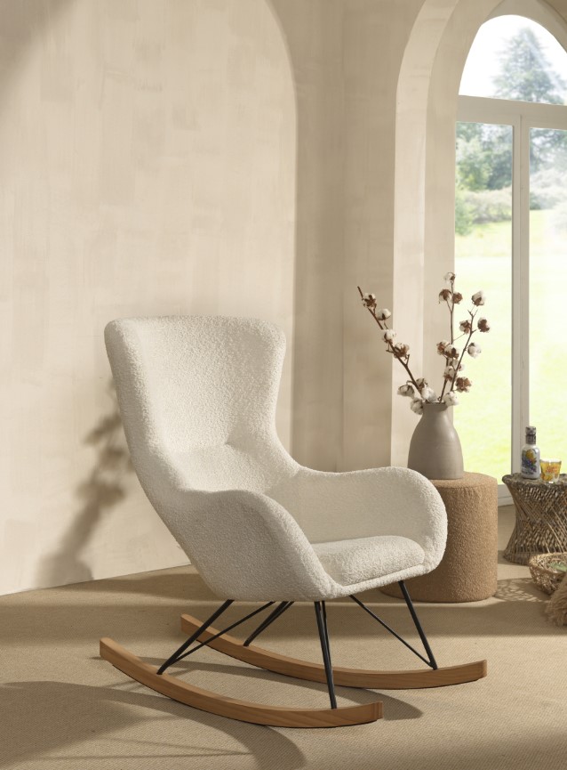 Comfortabler Schaukelstuhl, Bezug Boucl&eacute; - versch. Ausf&uuml;hrungen - Creme-Wei&szlig; 