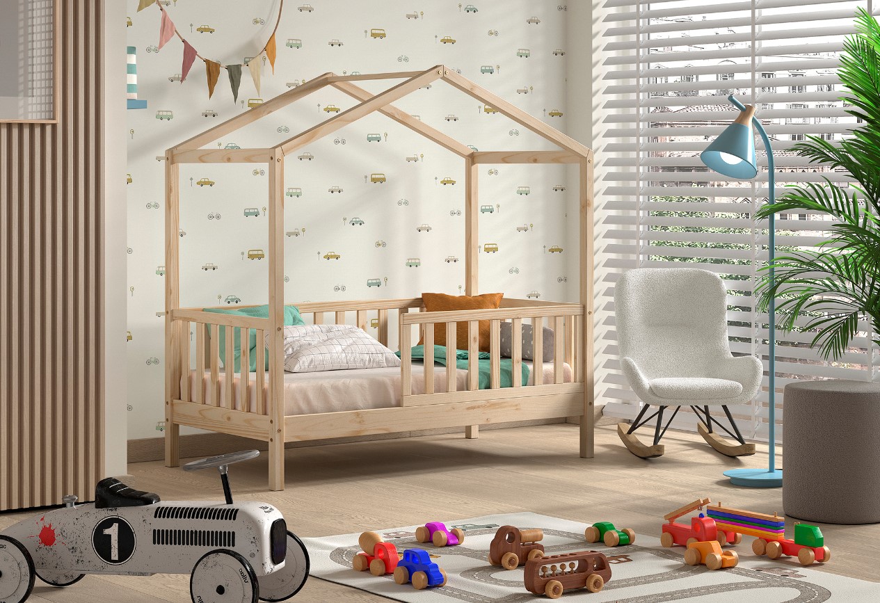 Junior Hausbett mit seitlicher Umrandung 70 x 140 cm Liegefl&auml;che, inkl. Rolllattenrost Kiefer massiv - versch. Ausf&uuml;hrugen - Natur 