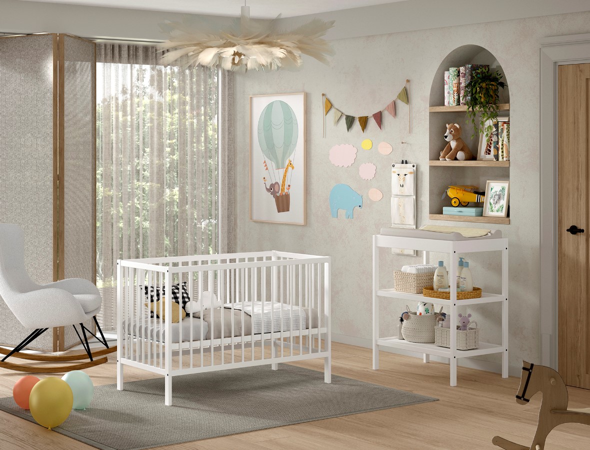 DINO Baby Set best. aus Babybett und Wickelregal, Buche massiv - versch. Ausf&uuml;hrungen - Wei&szlig; 