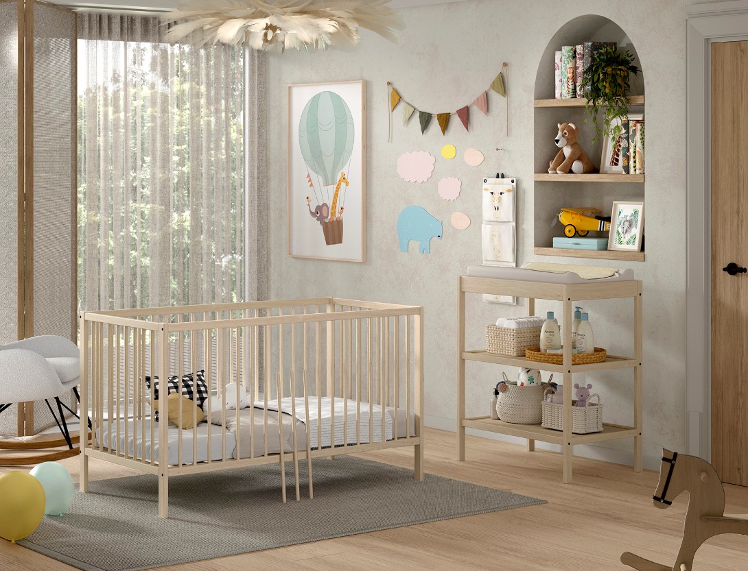 DINO Baby-/Junior Set best. aus Baby/Juniorbett und Wickelregal, Buche massiv - versch. Ausf&uuml;hrungen - Natur 