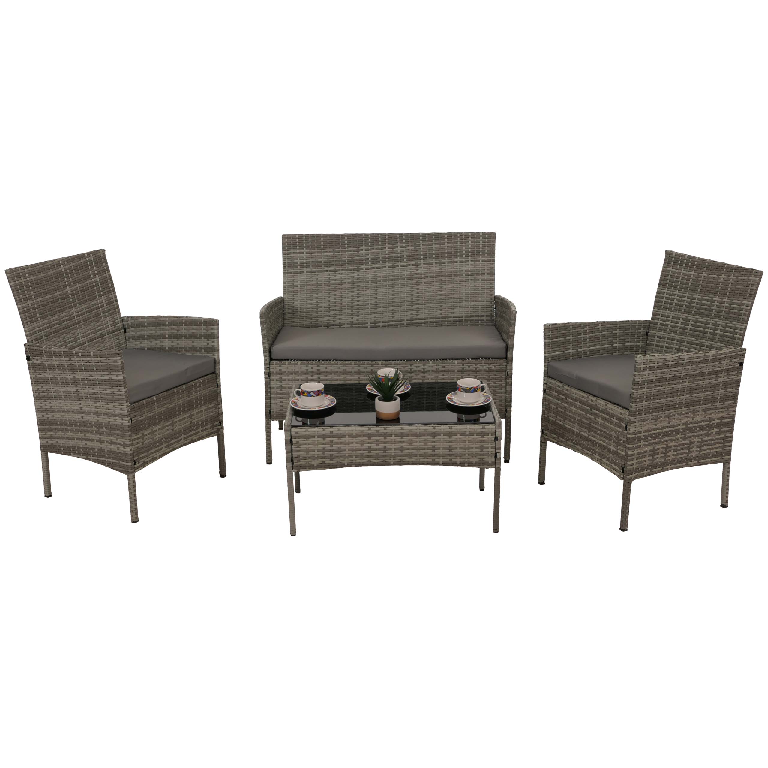 Poly-Rattan Garten-Garnitur MCW-N98, Sitzgruppe Lounge-Set, Metall Glas Stoff/Textil (180g/m&sup2;) ~ grau, Kissen hellgrau 