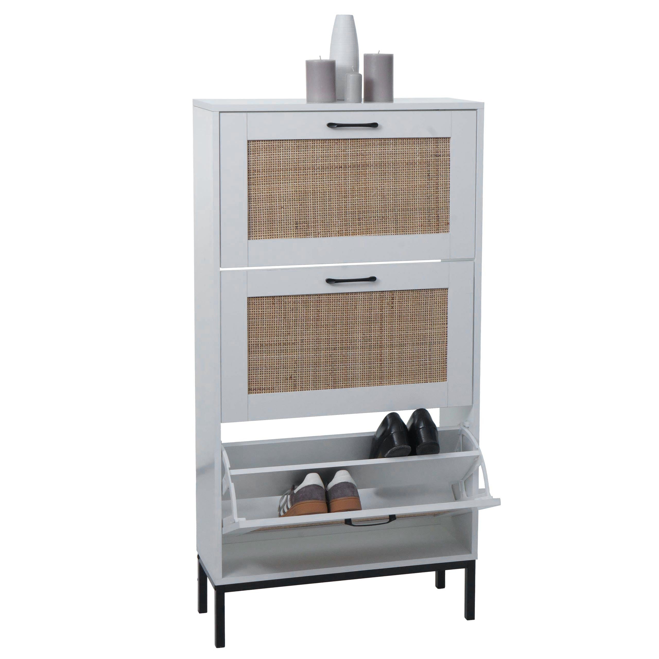 Schuhschrank MCW-N92, Schuhkipper Schuhregal, 3 F&auml;cher Rattanfront Melamin, 126x63x24cm ~ wei&szlig; 