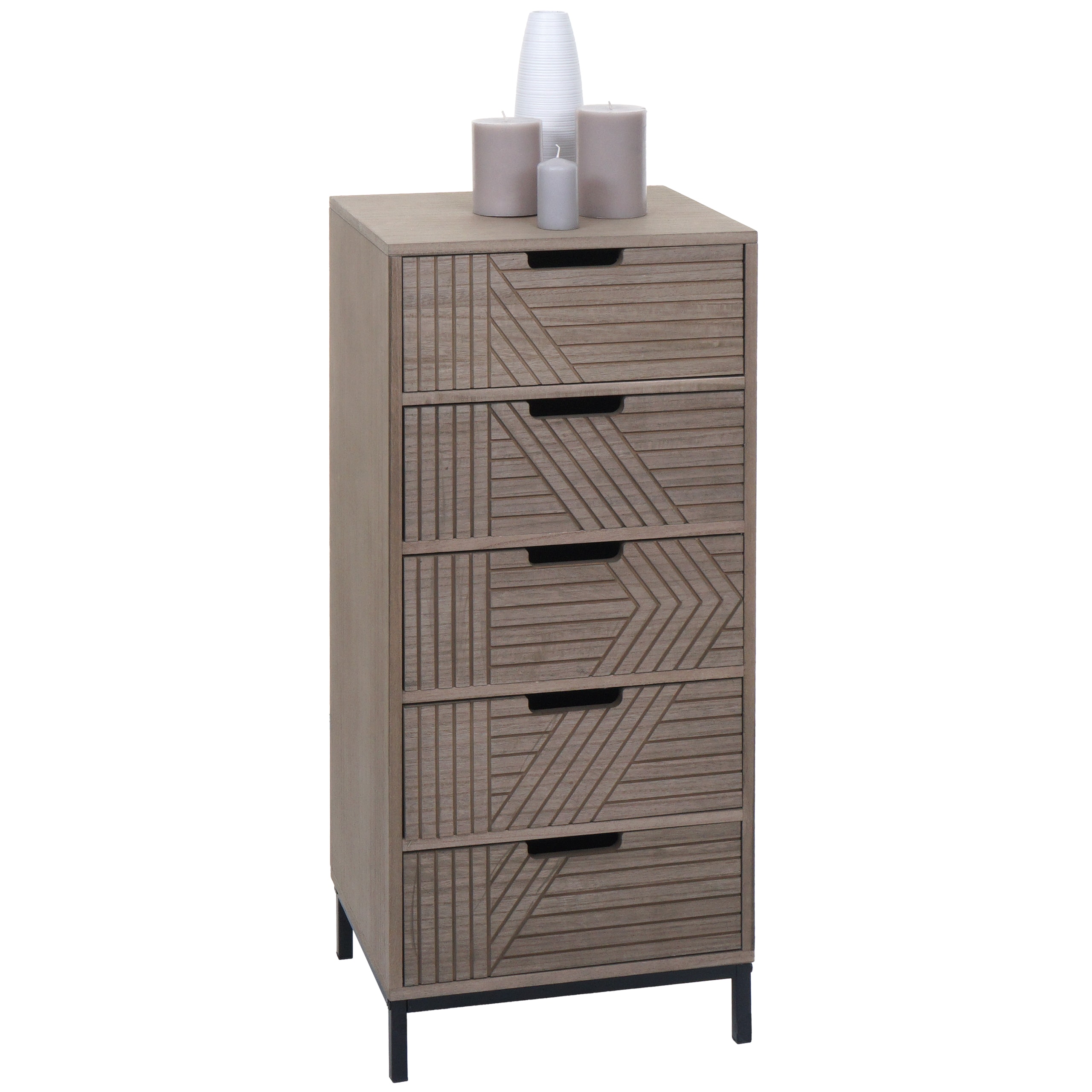 Kommode MCW-N90, Schrank Highboard, 3D-Design 5 Schubladen Holz Metall 84x35x29cm ~ grau-braun 