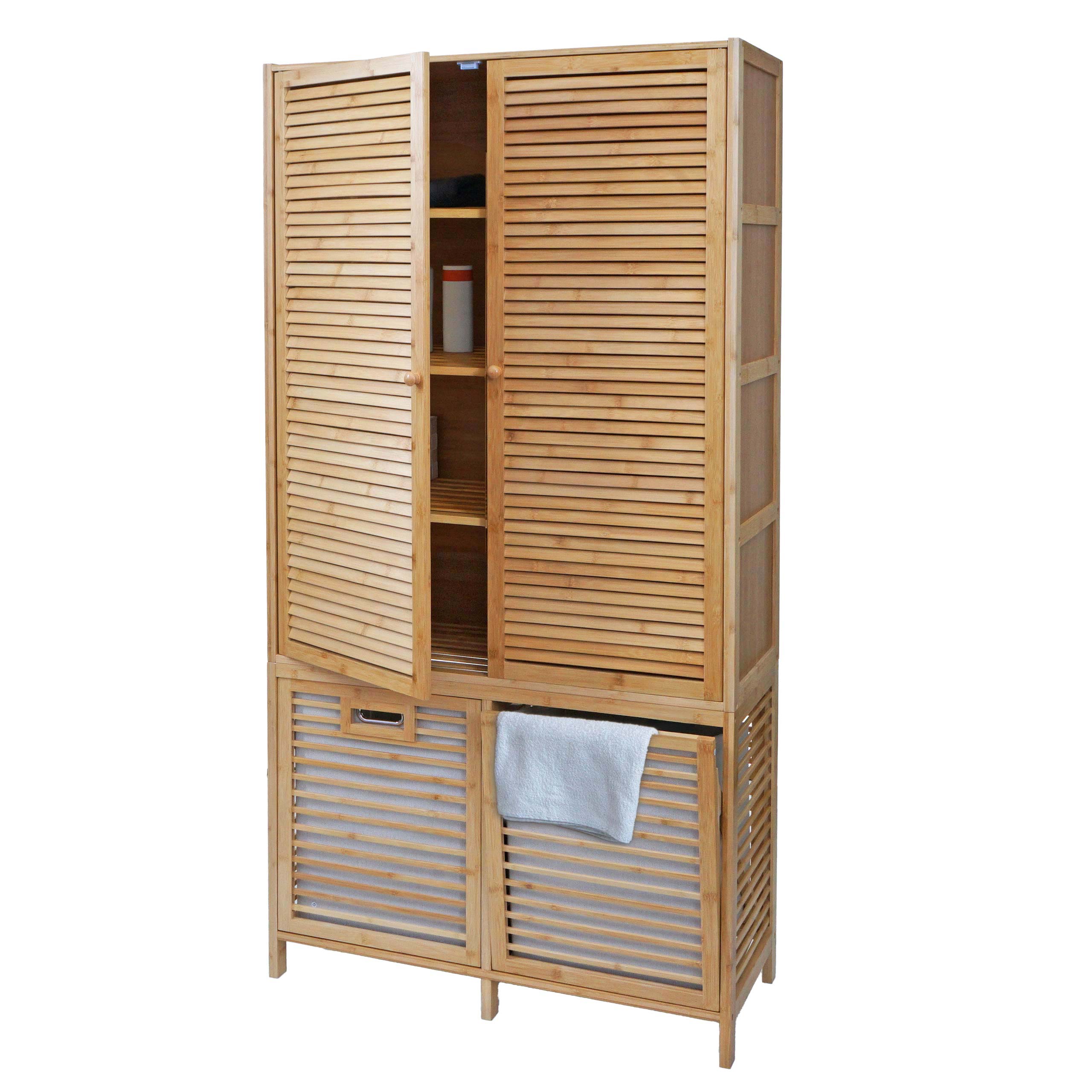 Bambus Badezimmerschrank MCW-N83, Regal Badregal Badschrank Schrank, 2 W&auml;schek&ouml;rbe 2 T&uuml;ren MVG 168x82x34cm 