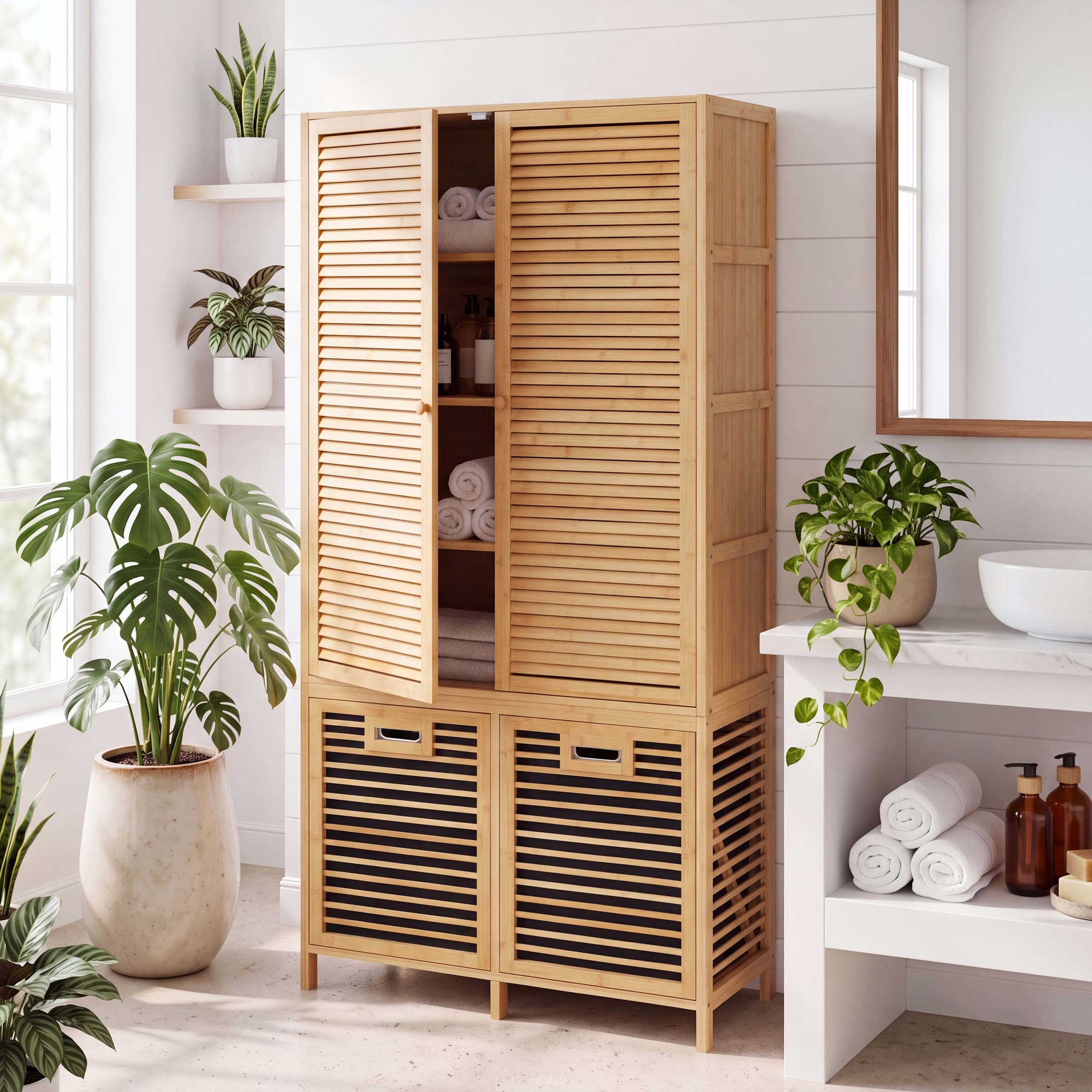 Bambus-Badezimmerschrank MCW-N83, Badregal Schrank, 2 W&auml;schek&ouml;rbe T&uuml;ren MVG 168x82x34cm ~ natur, Korb anthrazit 
