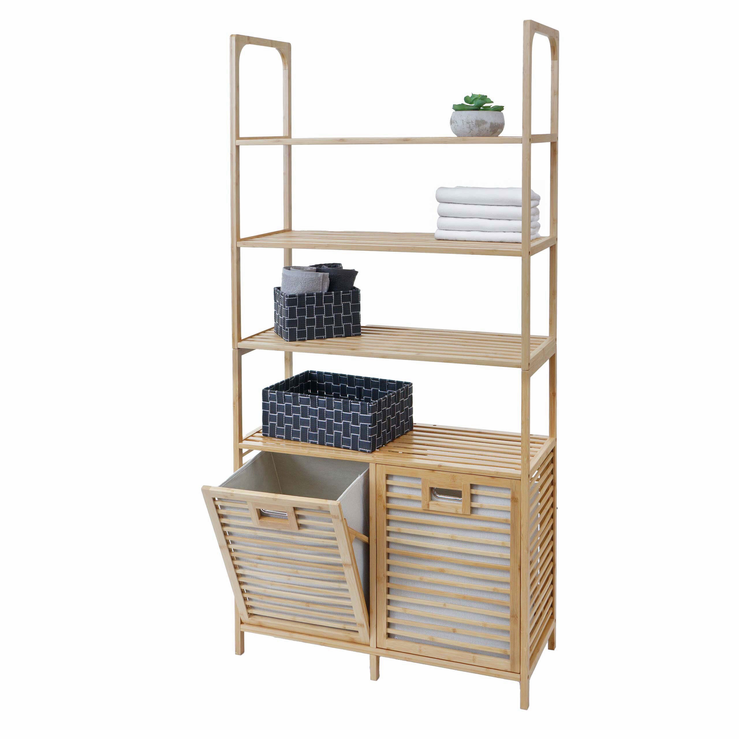 Bambus Badezimmerschrank MCW-N83, Regal Badregal Badschrank, 2 W&auml;schek&ouml;rbe 4 Regalb&ouml;den MVG-zertifiziert 168x81x33cm 