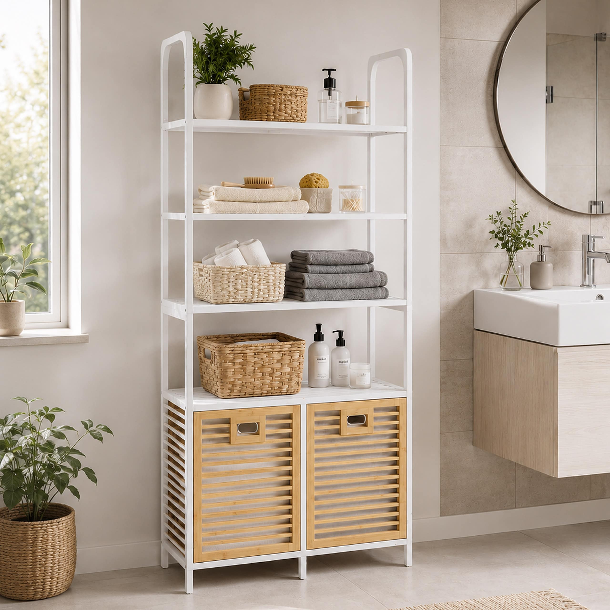 Bambus-Badezimmerschrank MCW-N83, Regal Badschrank, 2 W&auml;schek&ouml;rbe 4 Regalb&ouml;den MVG 168x81x33cm ~ natur-wei&szlig;, Korb natur 