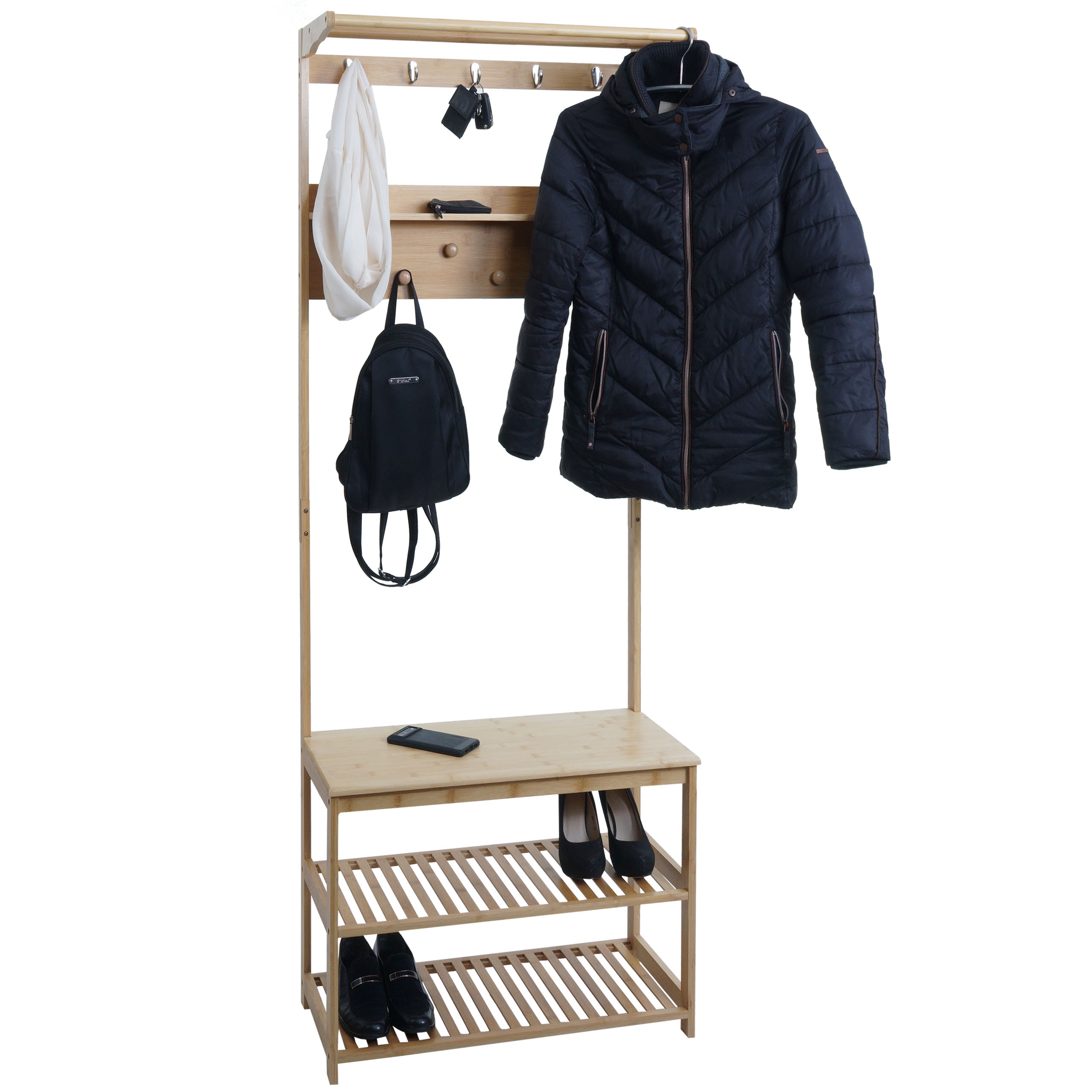 Bambus Standgarderobe MCW-N82, Garderobenst&auml;nder Schuhregal Sitzbank Schuhbank, Kleiderhaken MVG 170x70x31cm 