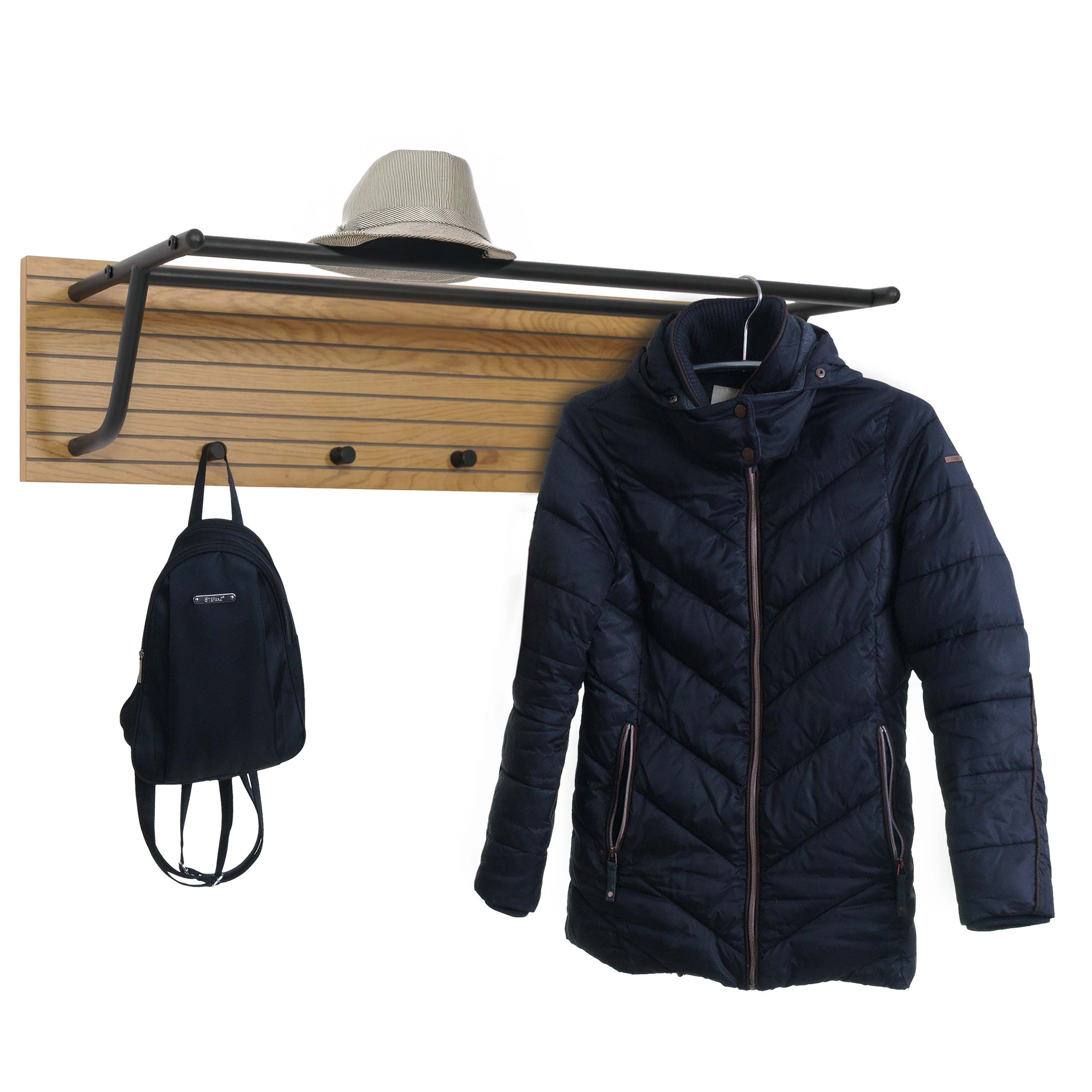 Wandgarderobe MCW-N78, 2 Kleiderstangen 4 Haken, skandinavischer Stil Metall Holz Melamin MVG 20x80x27cm ~ natur 