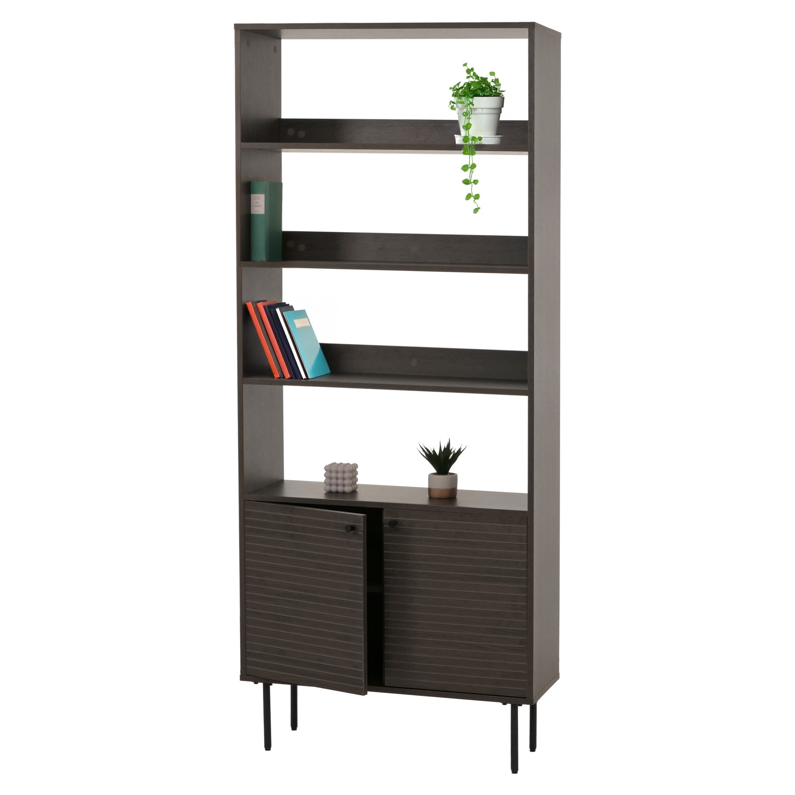 B&uuml;cherregal MCW-N78, B&uuml;cherschrank Hochschrank, skandinavischer Stil Metall Holz Melamin MVG 200x80x30cm ~ dunkelbraun 