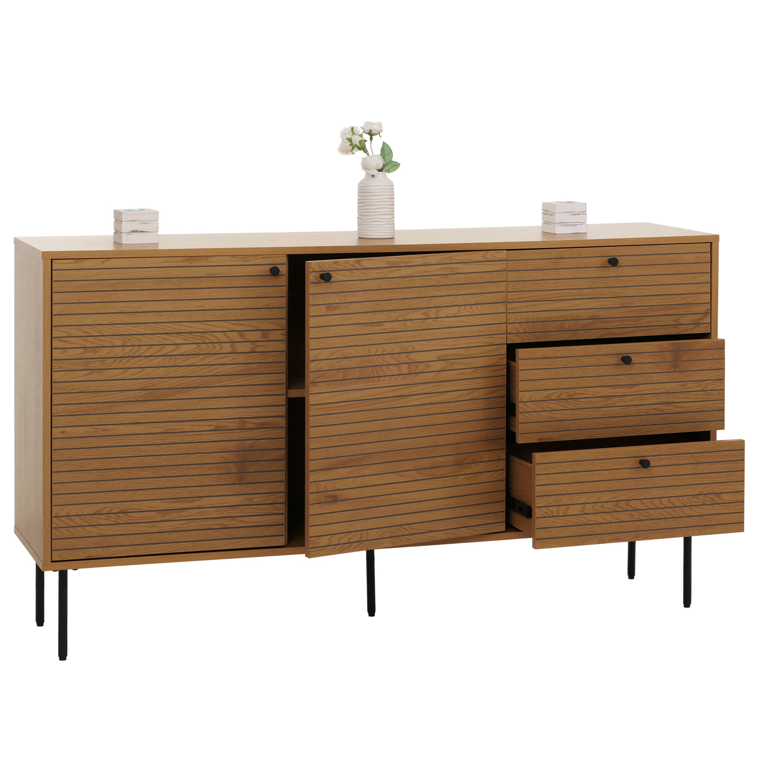 Kommode MCW-N78, Sideboard, 3 Schubladen 2 T&uuml;ren, skandinavischer Stil Metall Holz Melamin MVG 85x150x40cm ~ natur 