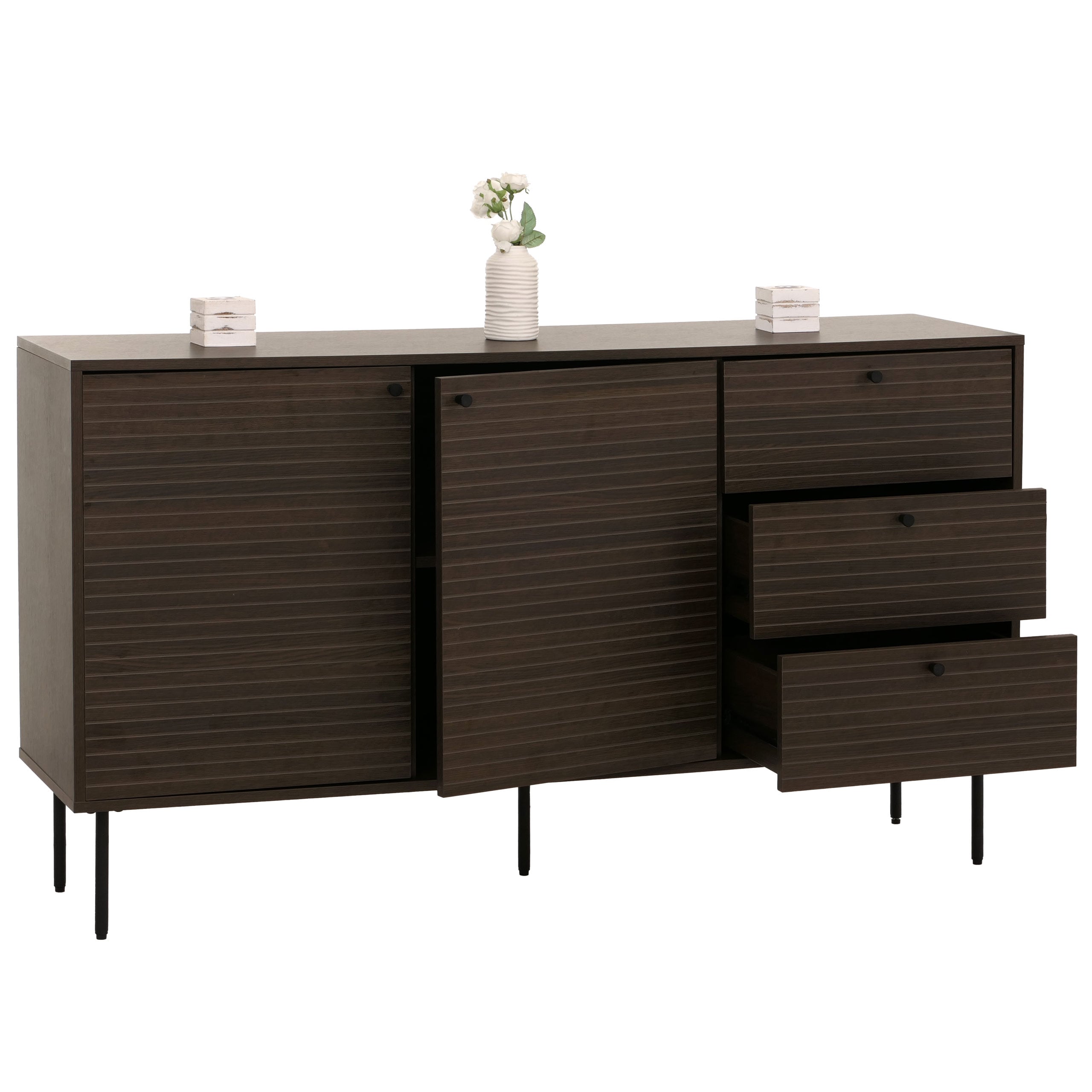 Kommode MCW-N78, Sideboard, 3 Schubladen 2 T&uuml;ren, skandinavischer Stil Metall Holz Melamin MVG 85x150x40cm ~ dunkelbraun 