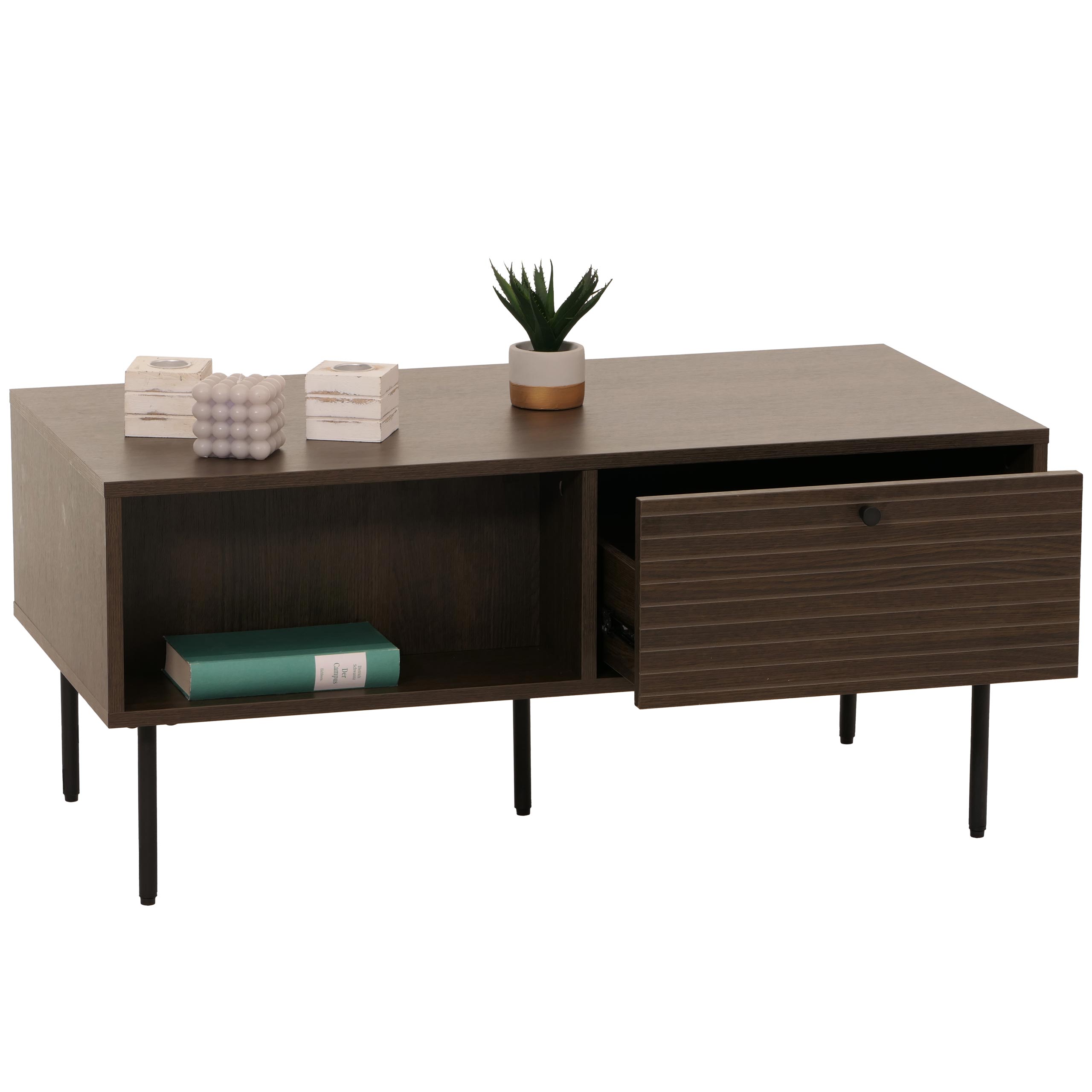 Couchtisch MCW-N78, Wohnzimmertisch Sofatisch, skandinavischer Stil Metall Holz Melamin MVG 45x100x50cm ~ dunkelbraun 
