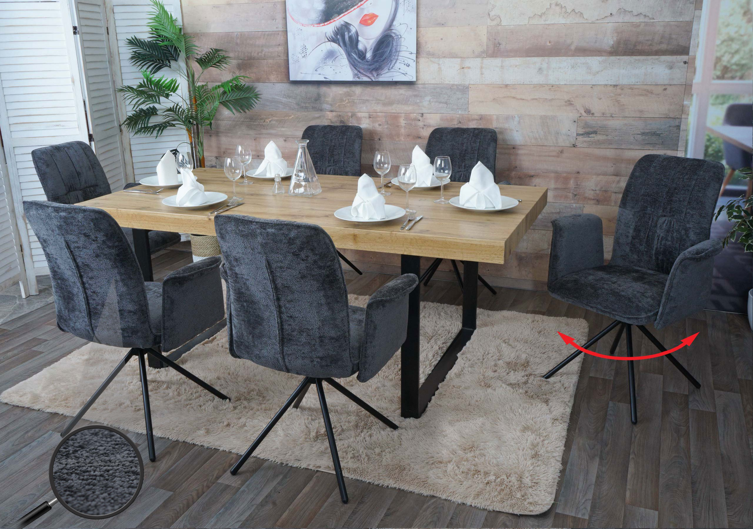 6er-Set Esszimmerstuhl MCW-N99, drehbar Armlehne Auto-Return, Stoff/Textil Chenille (340g/m&sup2;) &Ouml;ko-Tex ~ dunkelgrau 