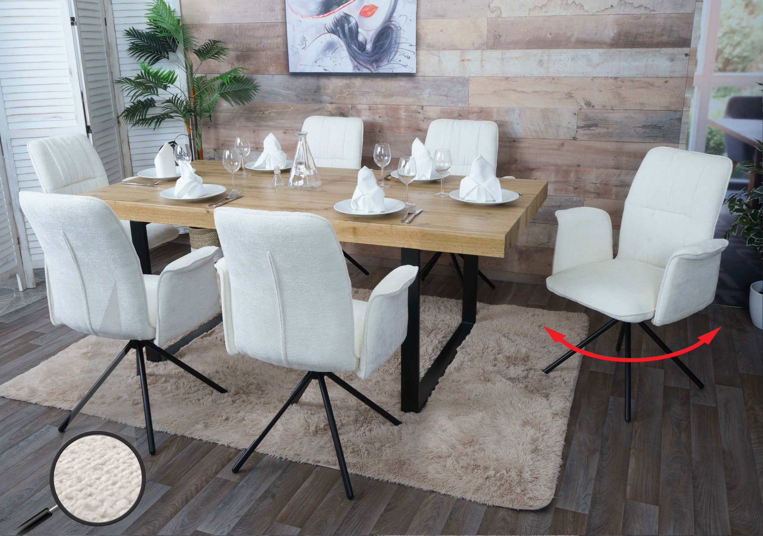 6er-Set Esszimmerstuhl MCW-N99, drehbar Armlehne Auto-Return, Stoff/Textil Chenille (340g/m&sup2;) &Ouml;ko-Tex ~ creme 